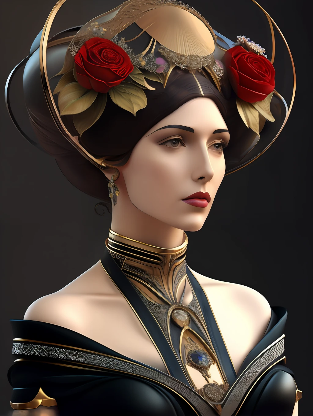 (masterpiece) little fusion pojatti realistic  steampunk, fractal isometrics details bioluminescens : a stunning realistic photograph  greek character  beautiful awesome lady with  big rose flowers tiara of wet bone structure, 3d render, octane render, intricately detailed, titanium decorative headdress, cinematic, trending on artstation | Isometric | Centered hipereallistic cover  photo awesome full color, ,  hand drawn, dark, gritty, realistic  mucha, klimt, erte .12k,  intricate. hight definition , cinematic,Rough sketch, mix of bold dark lines and loose lines, bold lines, on paper , full body with silky dress, humanoid, Full body