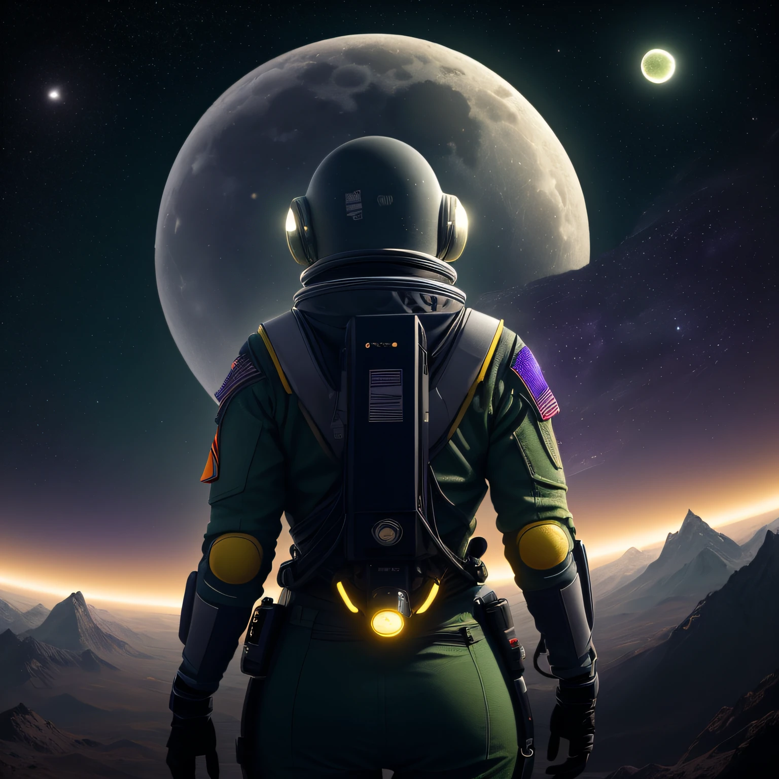 rear angle, highly detailed RAW color photo, rear angle, full body, of (female space soldier, wearing yellow and purple space suit, helmet, face shield, rebreather, accented booty), outdoor, (looking at advanced alien structure, on alien planet), toned body, big ass, (science fiction), (mountains: 1.1), (lush green vegetation), (two moons in the sky: 0.8), (highly detailed,  hyperdetailed, intricate), ((DAY TIME)), (lens flare:0.7), (bloom:0.7), particle effects, raytracing, cinematic lighting, shallow depth of field, photographed on a Sony a9 II, 50mm wide-angle lens, sharp focus, cinematic film from Gravity 2013, behind