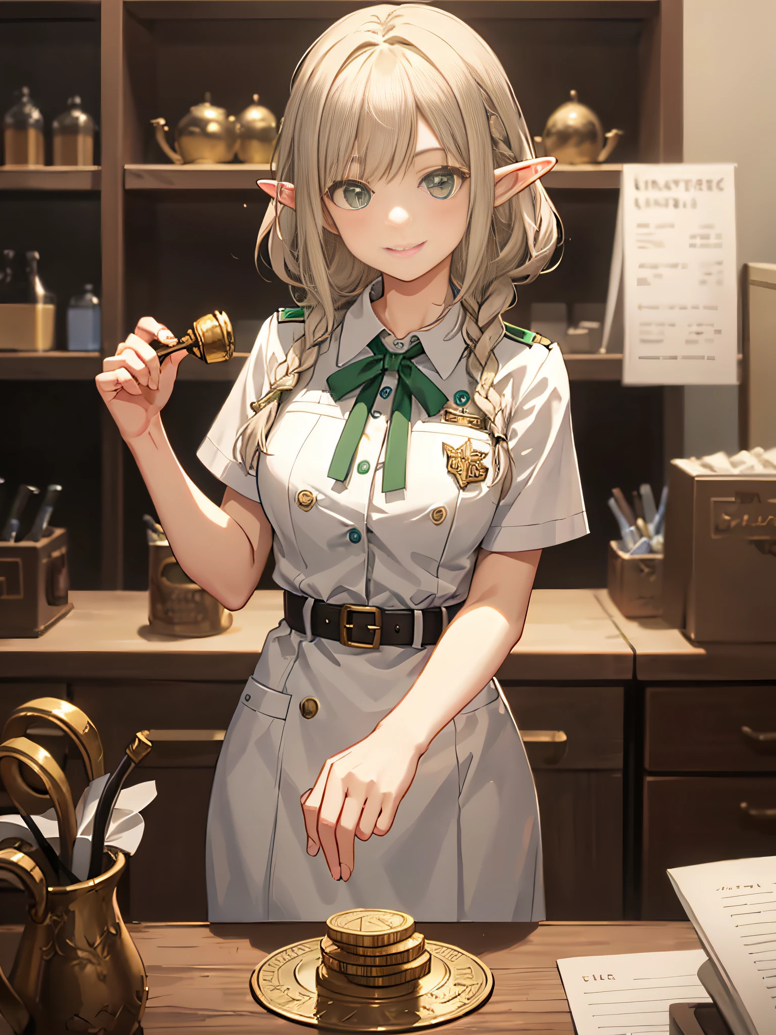 ((masterpiece)), (((best quality))), ((ultra-definition)), Guild receptionist, elf girl with blond hair and braids, smiling, with uniform and name tag, green ribbon around her neck, behind the counter, with lots of paper on the wall behind the girl A few silver coins with detailed patterns stuck on the counter, Adventurer's Guild, bustling, background out of focus ,, ,,,nice hands perfect hands