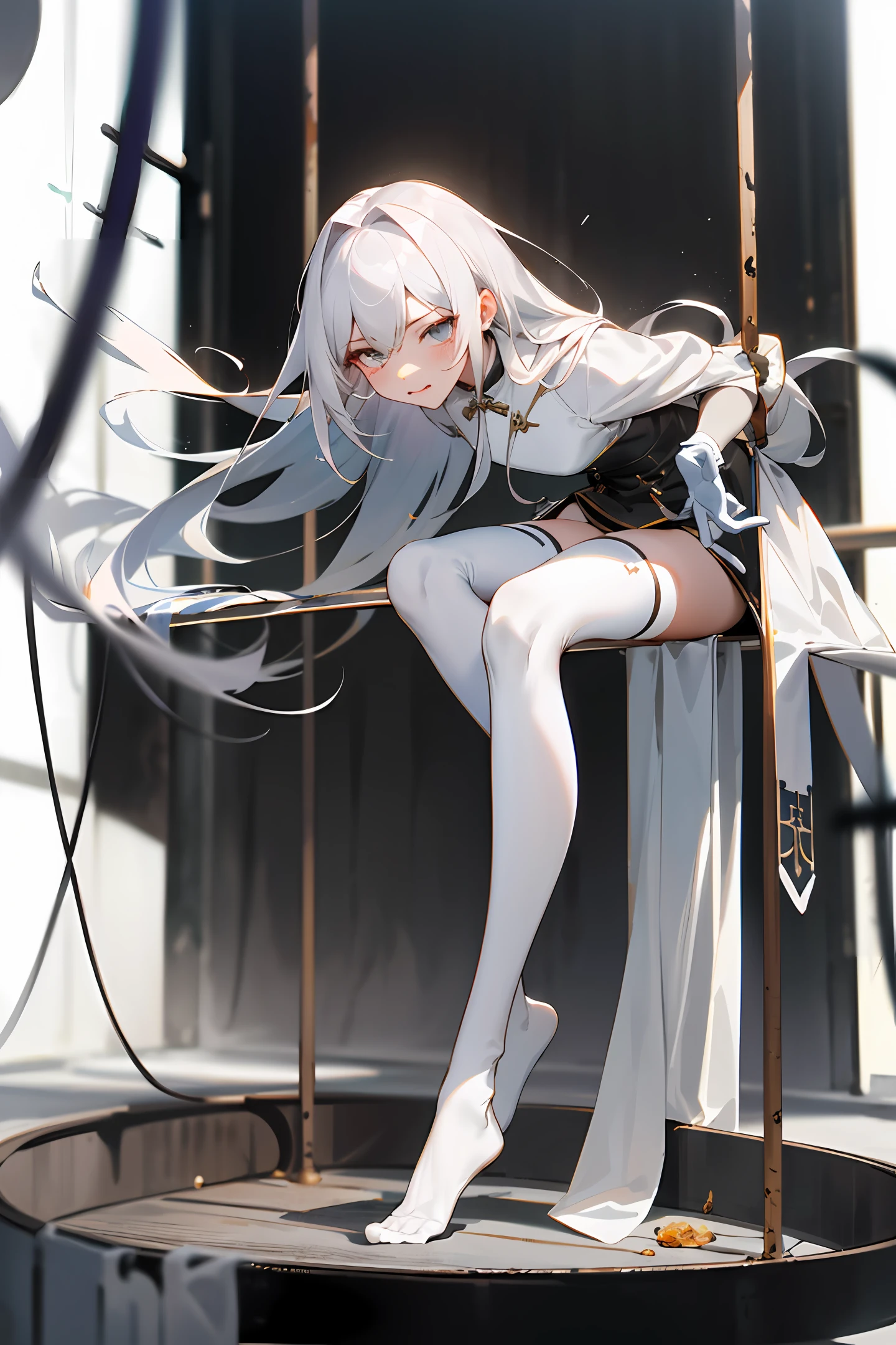 4k,realisticlying,Glamorous,Super high-definition,超高分辨率,ultra detali,white theme,Full body female,In the torture room,white stockings,White gloves,Sick face,Take a leather whip,whaite hair,without wearing shoes,Erlang legs