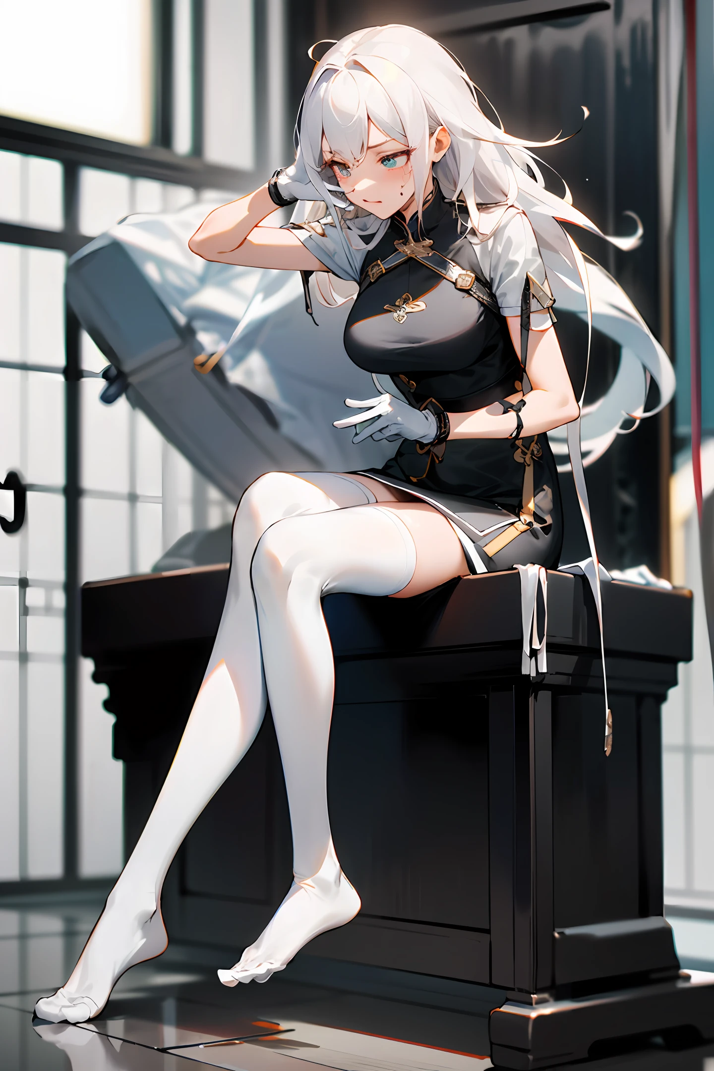 4k，realisticlying，Glamorous，Super high-definition，超高分辨率，ultra detali，white theme，Full body female，In the torture room，white stockings，White gloves，Sick face，Take a leather whip，whaite hair，without wearing shoes，Erlang legs