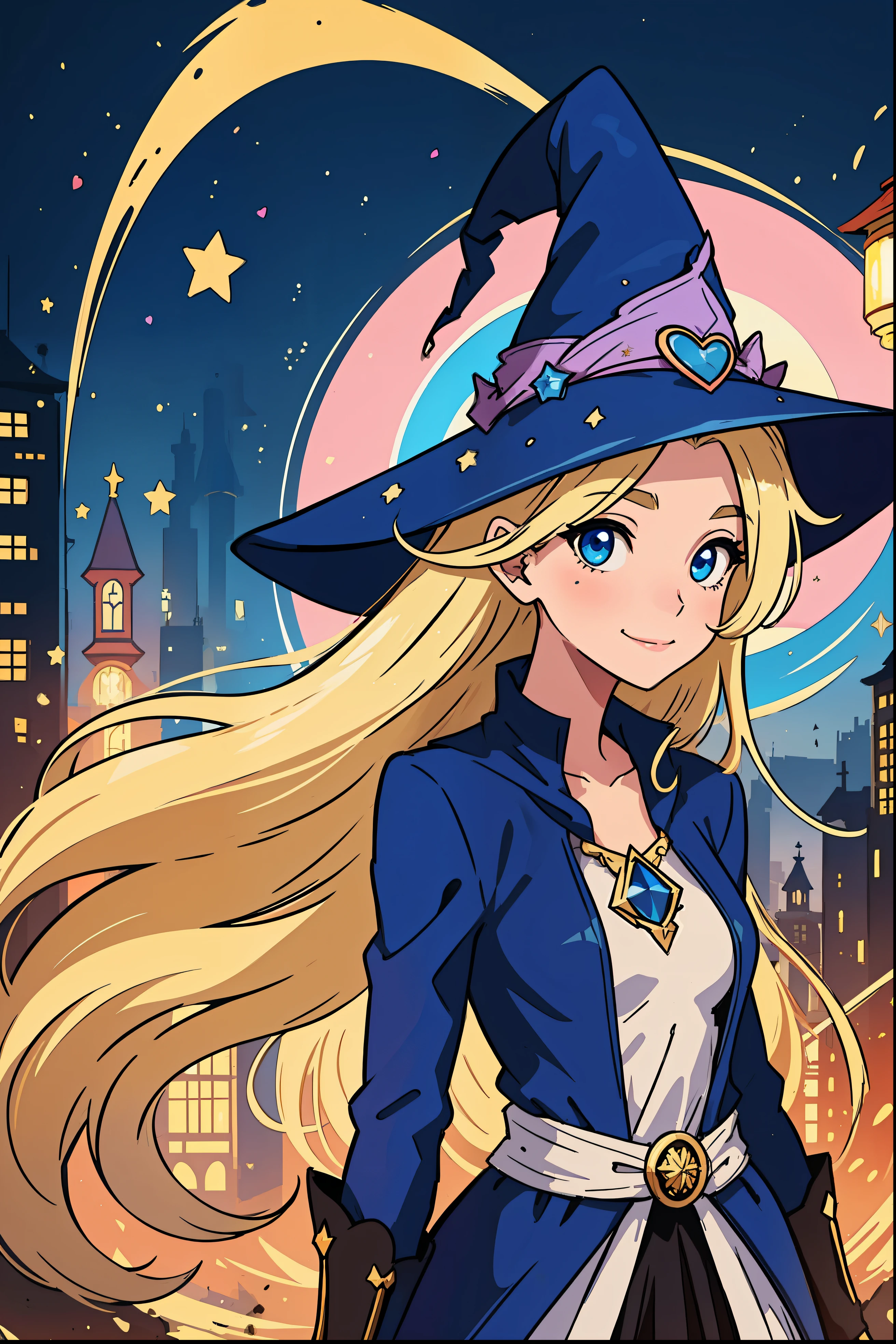 The perfect masterpiece,Highest quality,Perfect artwork,8K,Upper Body Lens,front portrait,Delicate face,Face Close-up,Watching the audience, Wizard apprentice girl,(pointy royal blue witch hat:1.3),(white star print on hat:0.8),Magical transparent eyes,(dirty blonde hair:1.2),(young:1.4),(tiny breasts:1.3),large eyes,happy,warm smile,slender,slim build,thin waist,(💖:1.3),Digital Art,plane illustrations,colorful illustration,minimalist style,anime cartoon style,glowing magical effects, fantasy city background