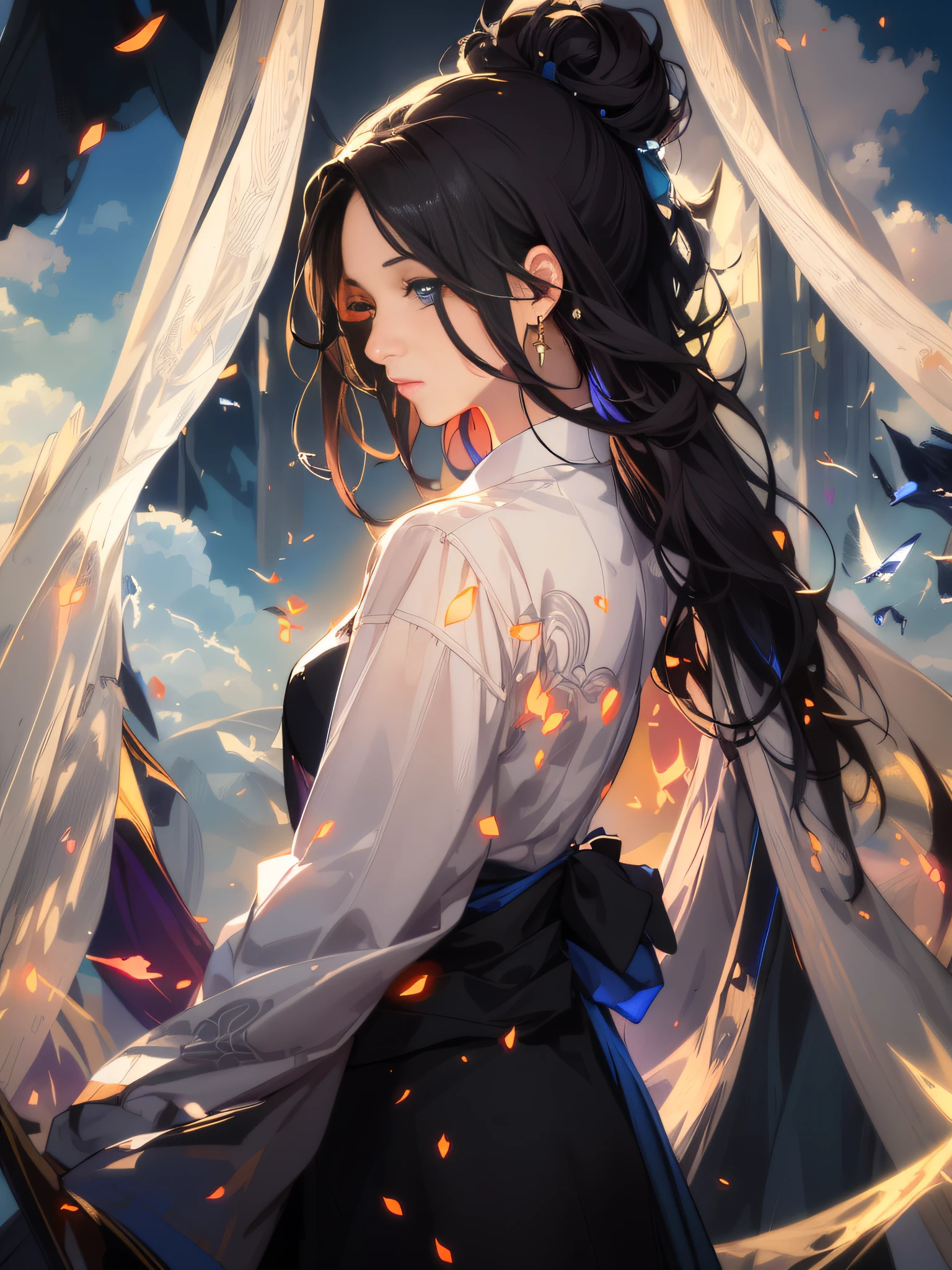 (masterpiece, finely detailed beautiful eyes: 1.2), ultra-detailed, illustration,
A mysterious and mystical wizard girl adorned in robes of deep purple, standing in a world of her own creation, surrounded by a swirling cloud of arcane magic.
,detailed background, (realistic:2), volumetric light, sunbeam, light rays, sky, cloud,