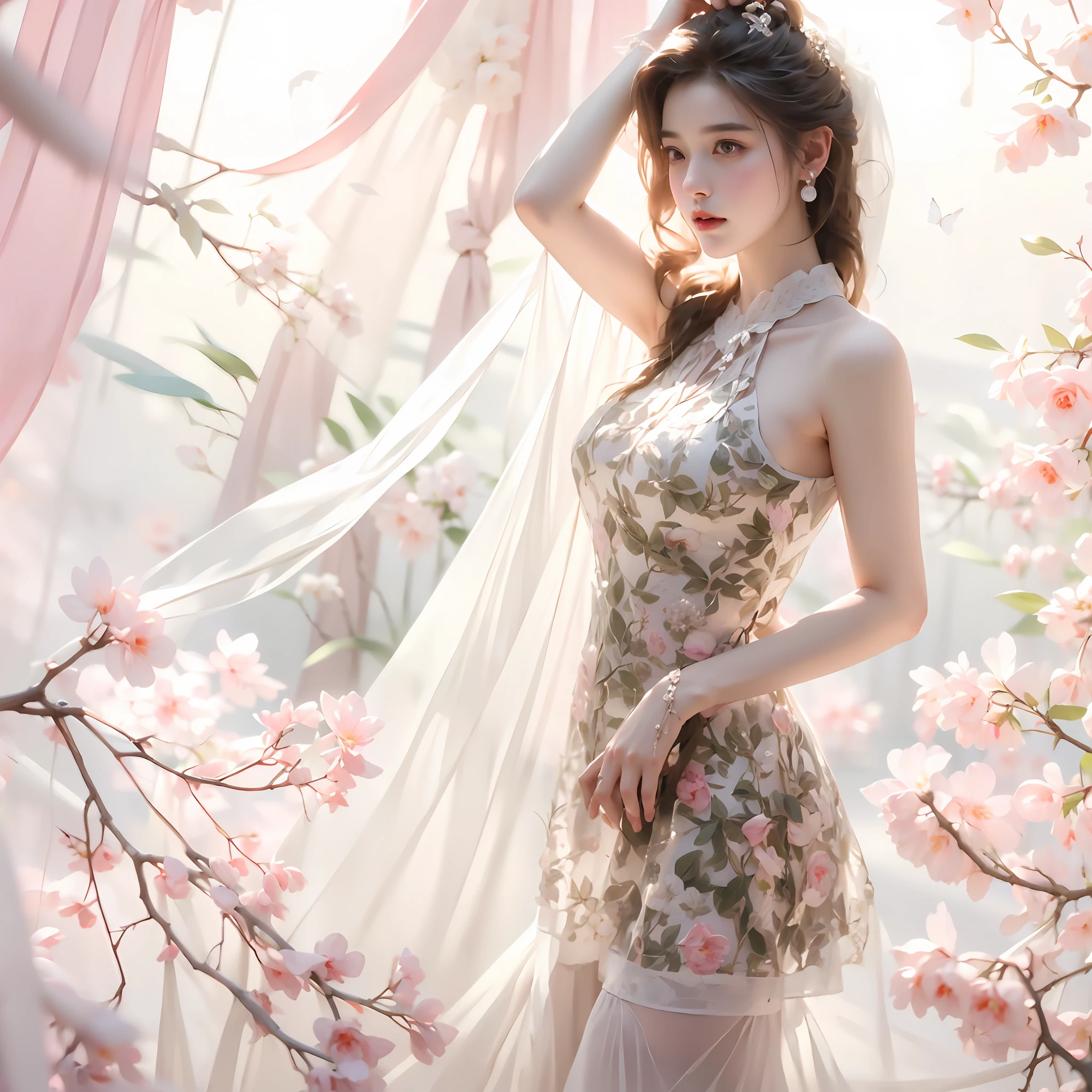 see -through、Ren Hao、Show shoulders、One hand resting on his lips、White phalaenopsis around the hair,Lilac dendrobium、Orange lily、White lily、1 girl in、fully body photo、flaxen hair、Flowing hair、Hazy beauty、with extremely beautiful facial features、Lilac halter embroidered dress、Hairpin on the head、Lying on a bush、Hands dragging the chin、perfect hand、roses、(springtime、rainy day、butterflys、cliff)、Simple vector art、Contemporary Chinese art、Soft light、Intertwined scarves、looking-down