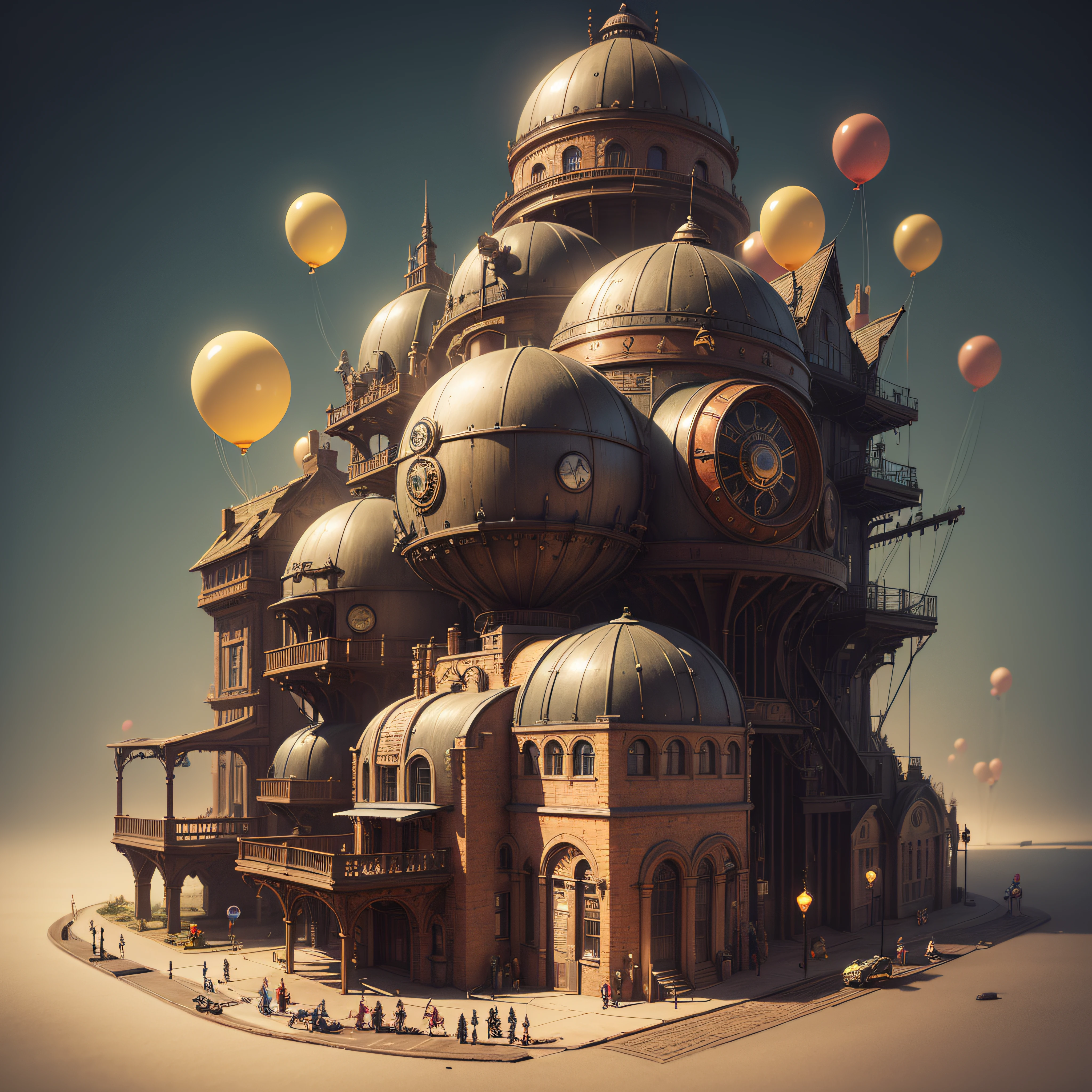 high detailed steam punk city with futuristic concept, with balloons, cars and robots made by different materials and high detailed textures, dark background --auto