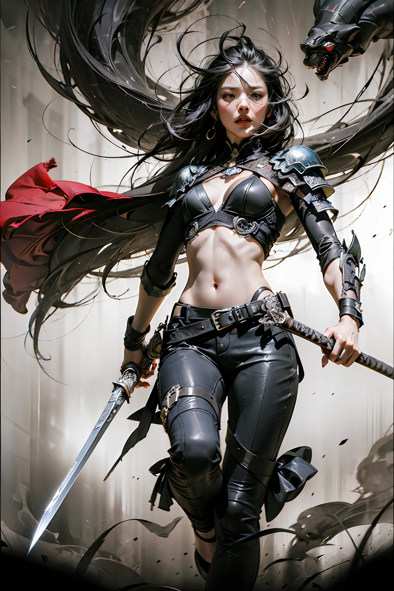 (RAW photo, best quality),(realistic, photorealistic: 1.3),extremely delicate and beautiful,Amazing,small detail,masterpiece,ultradetailed,high resolution,(best illustration),(best shadow),intricate, (male: 1.4),armor,sword,long hair,black hair,holding weapon,blood,sword. (dynamic pose), holding, arm guards, blood on gun, tabi, floating hair, full body, costume, brushstrokes, explosions, overexposure, ((watercolor painting by John Berkey and Jeremy Mann)) brushstrokes, negative space, red paint splatter, in the style of gritty urban realism, violent and wild artwork with a satirical edge, intense energy (fog: 1.4), sharp focus, volumetric fog, 8k UHD, DSLR, high quality (film grain:: 1 ,4), Fujifilm XT3, background black and red tone printing, motion blur,