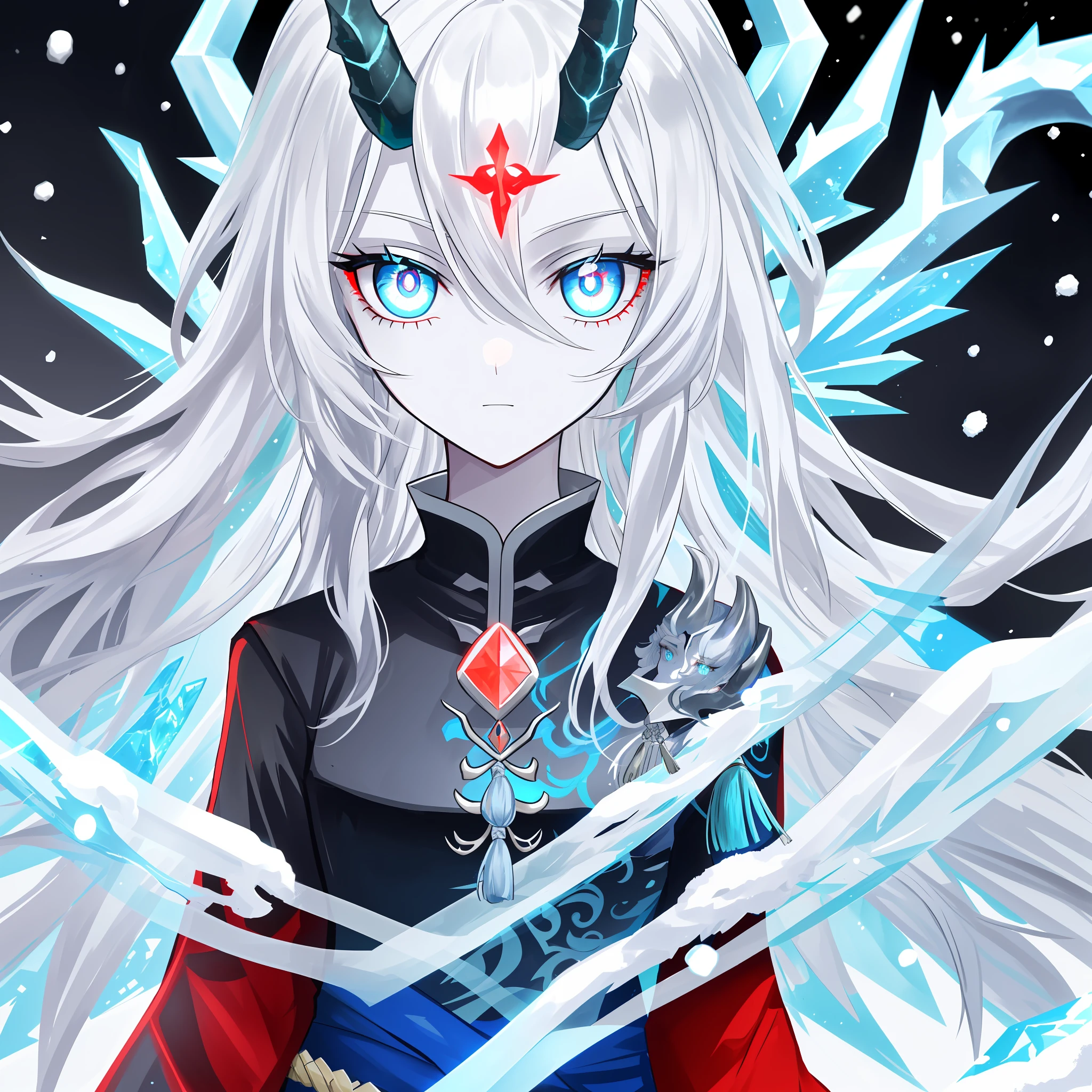 Silver hair is shiny,It's like a tassel,Falls to the waist。Frost Race Snow,A pair of light blue vertical eyes dragon pupils,Radiate an icy aura outward。Skin like snow,The look was grim,The face is amazingly moving,Facial features,On the forehead grows a pair of small red coral-like dragon horns。