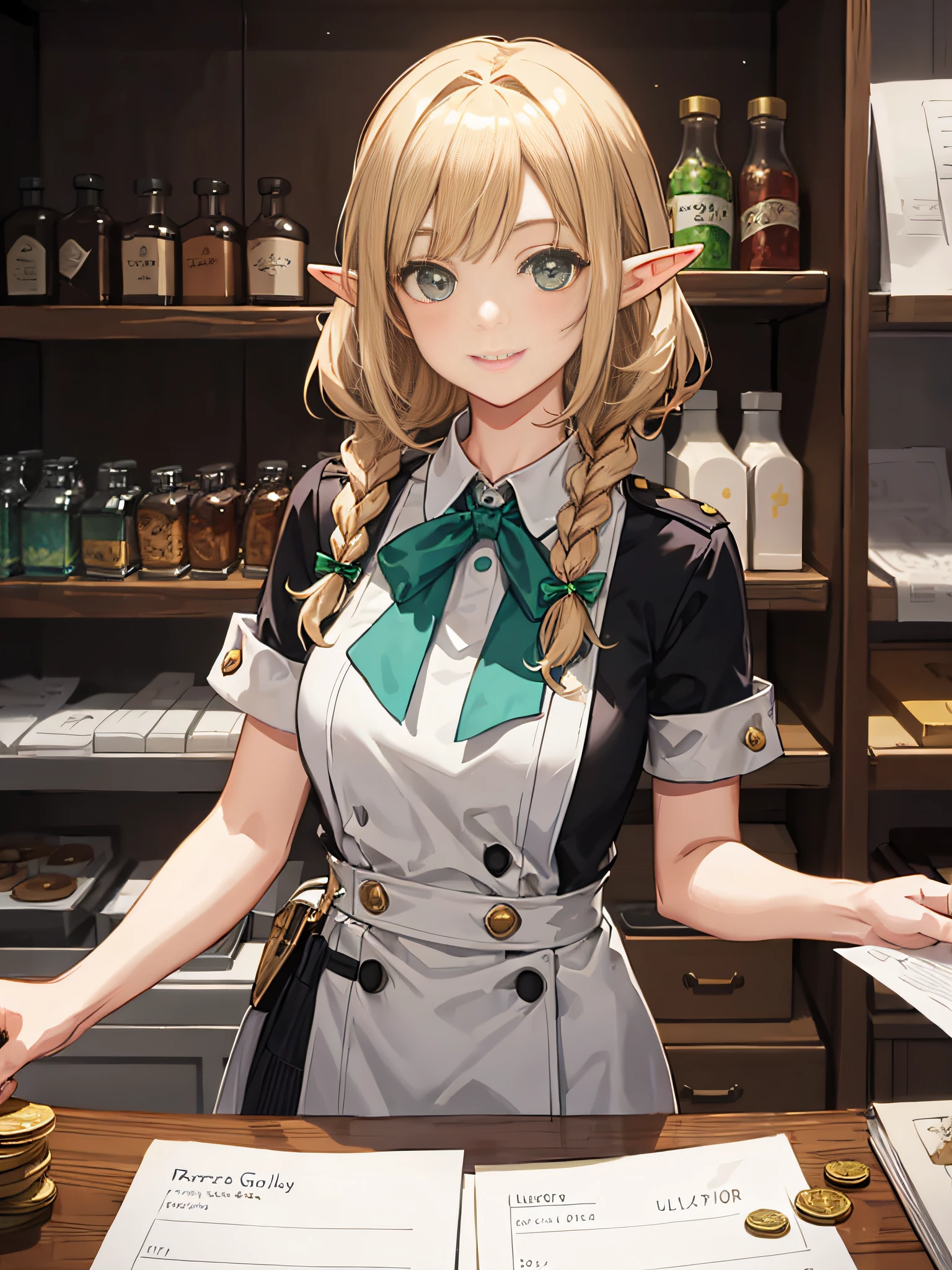 ((masterpiece)), (((best quality))), ((ultra-definition)), Guild receptionist, elf girl with blond hair and braids, smiling, with uniform and name tag, green ribbon around her neck, behind the counter, with lots of paper on the wall behind the girl A few silver coins with detailed patterns stuck on the counter, Adventurer's Guild, bustling, background out of focus ,, ,,,nice hands perfect hands