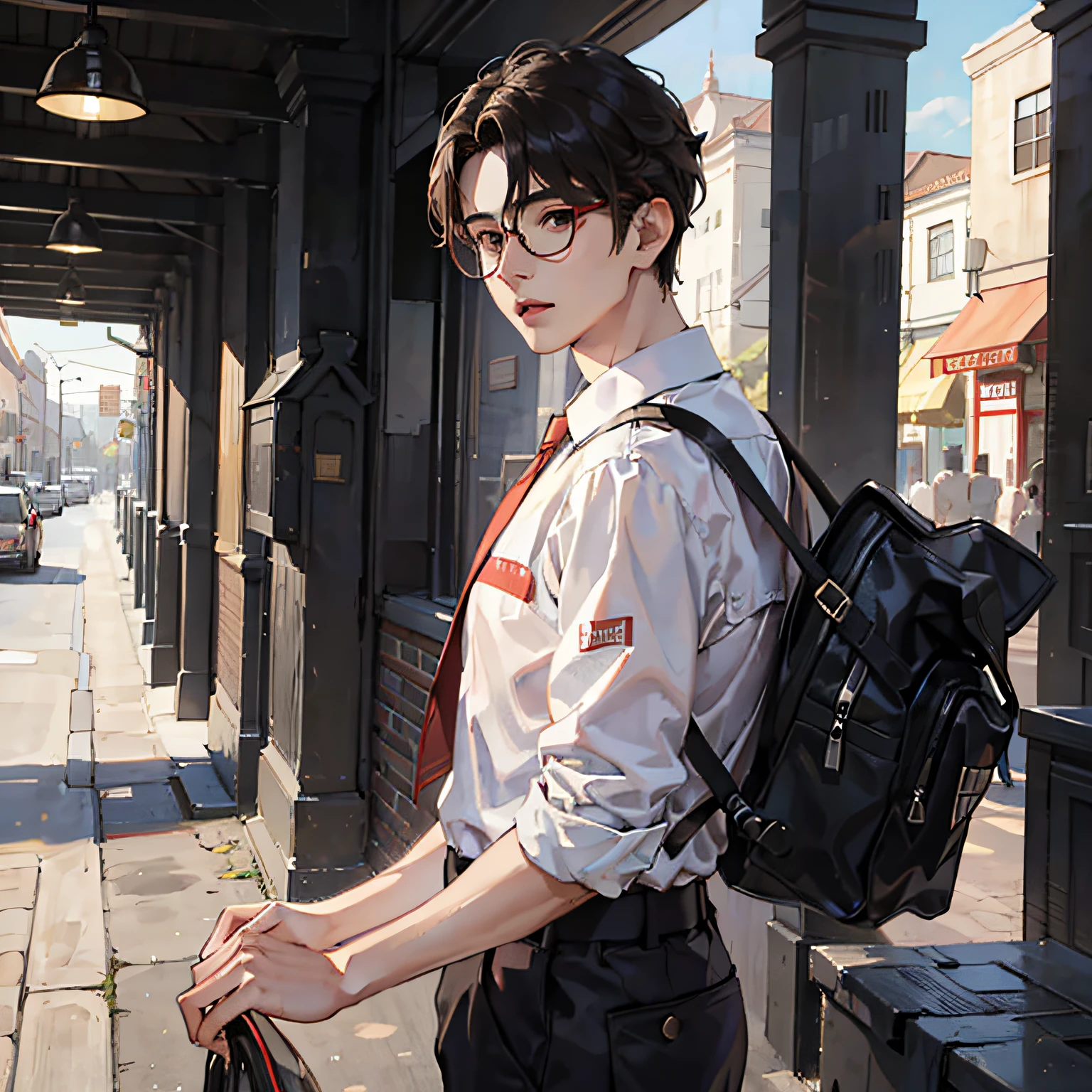 homem adolescente, cabelo curto com degrade nos canto ondulado preto, black round glasses, with casual college clothes, parecido com o Kim Mingyu, que nao seja tao realista --auto
