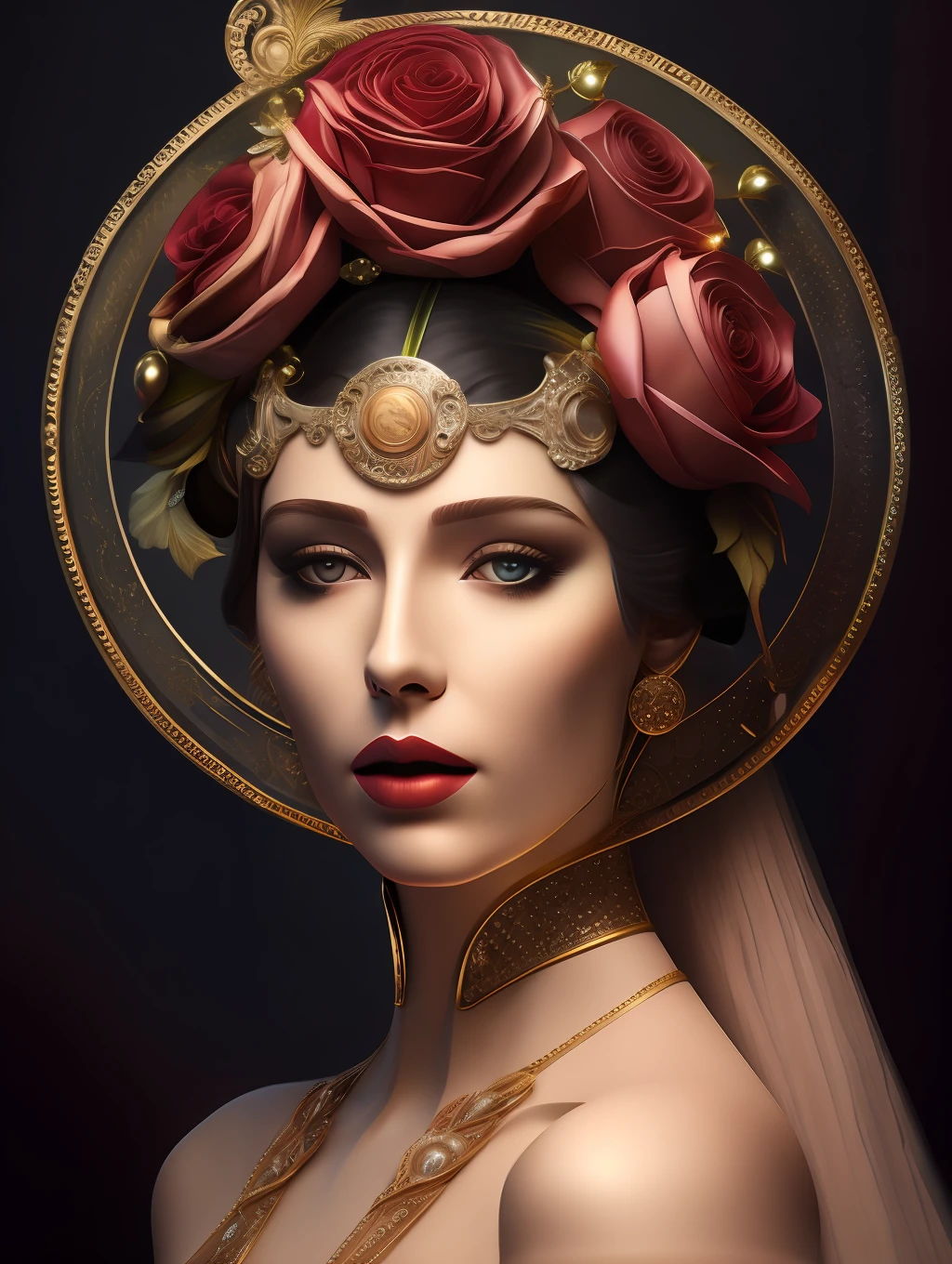 (masterpiece) little fusion pojatti realistic steampunk, fractal isometrics details bioluminescens : a stunning realistic photograph greek character beautiful awesome lady with big rose flowers tiara of wet bone structure, 3d render, octane render, intricately detailed, titanium decorative headdress, cinematic, trending on artstation | Isometric | Centered hipereallistic cover photo awesome full color, , hand drawn, dark, gritty, realistic mucha, klimt, erte .12k, intricate. hight definition , cinematic,Rough sketch, mix of bold dark lines and loose lines, bold lines, on paper , full body with silky dress, humanoid, Full body