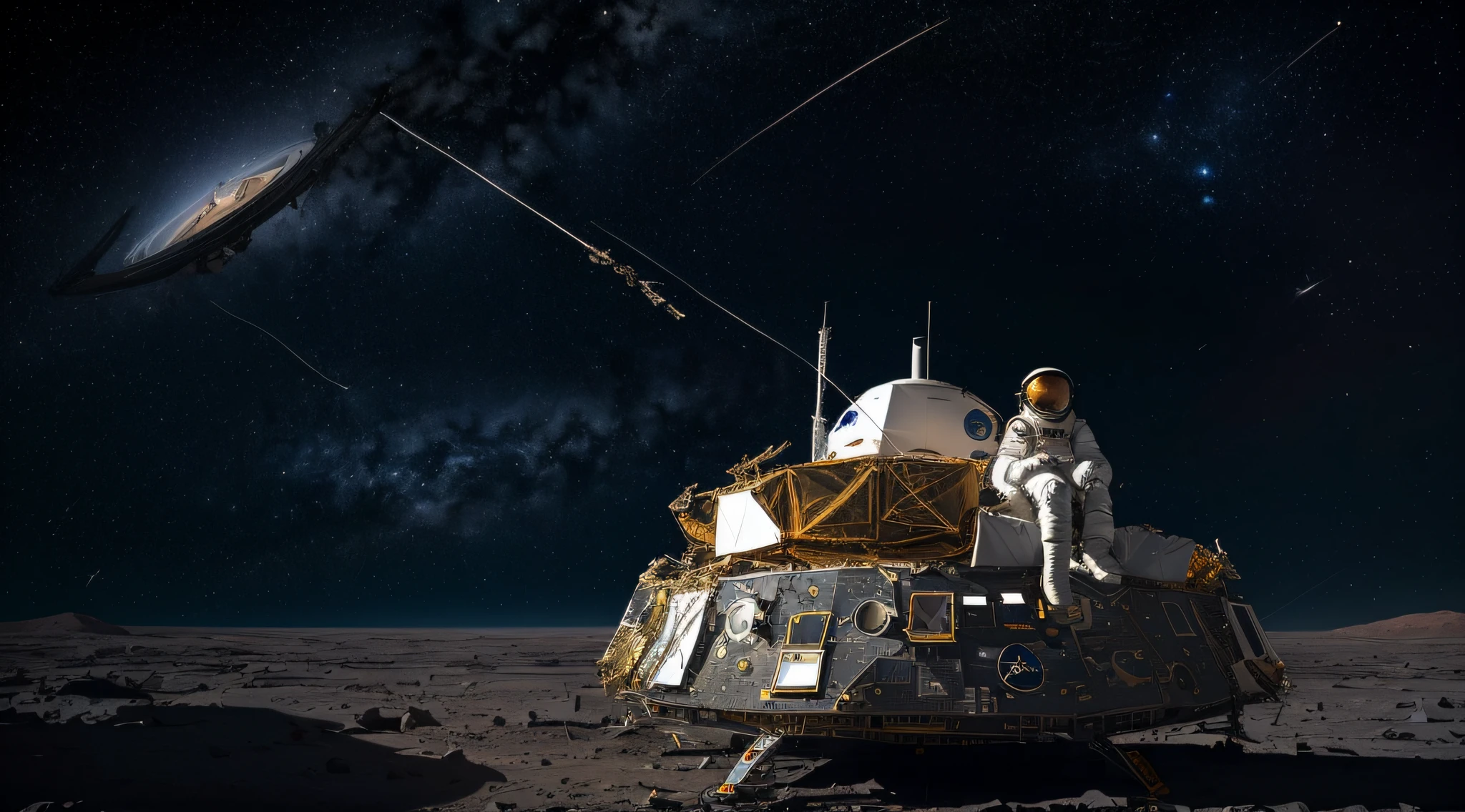 (an astronaut sitting beside a damaged spacecraft in a solitary spacesuit),body_view_16k, breathtaking view, (dynamic and dramatic pose), constellations and nearby planets in the sky, desolate atmosphere, full-body shot.