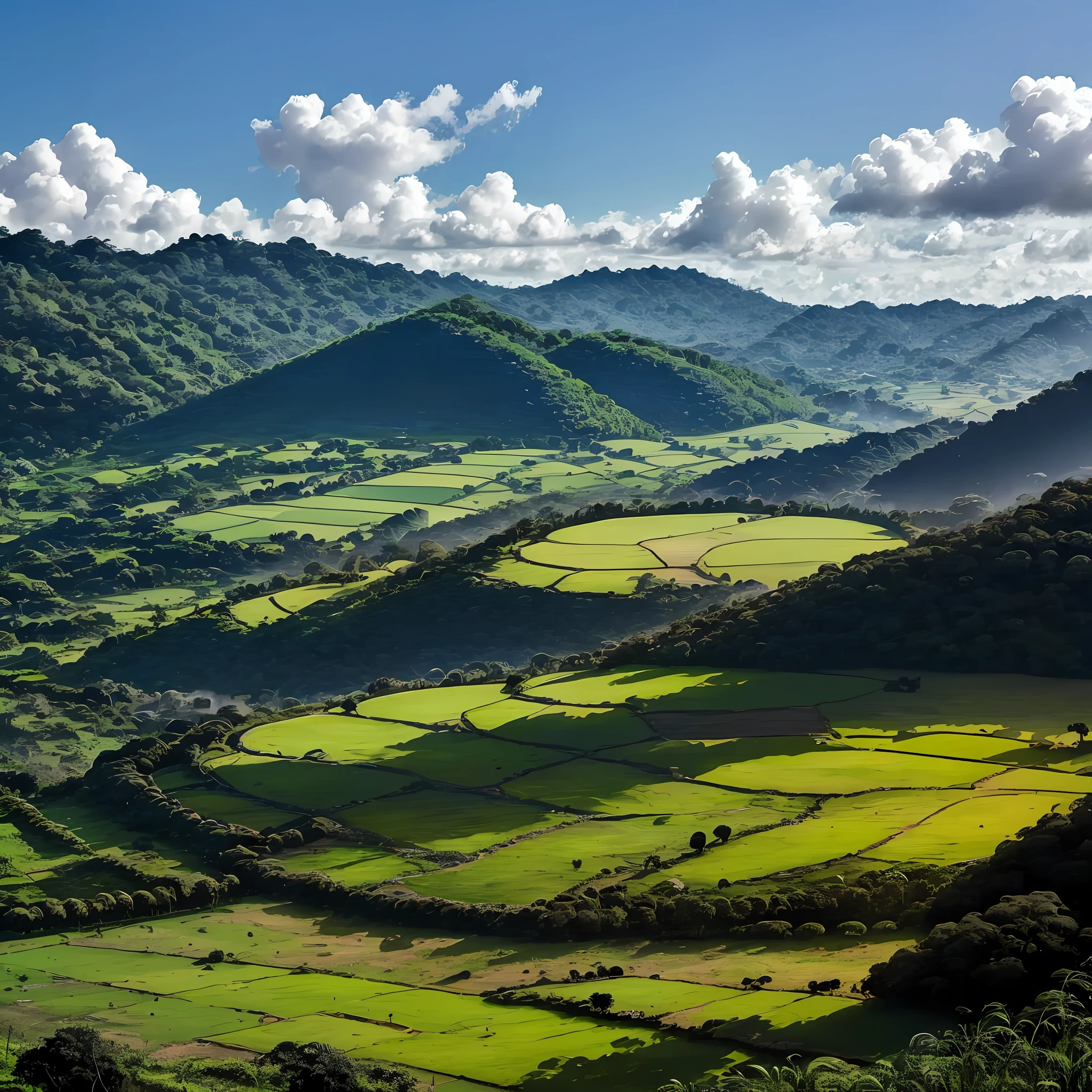 Um campo aberto verde, ( nuvens,) --auto