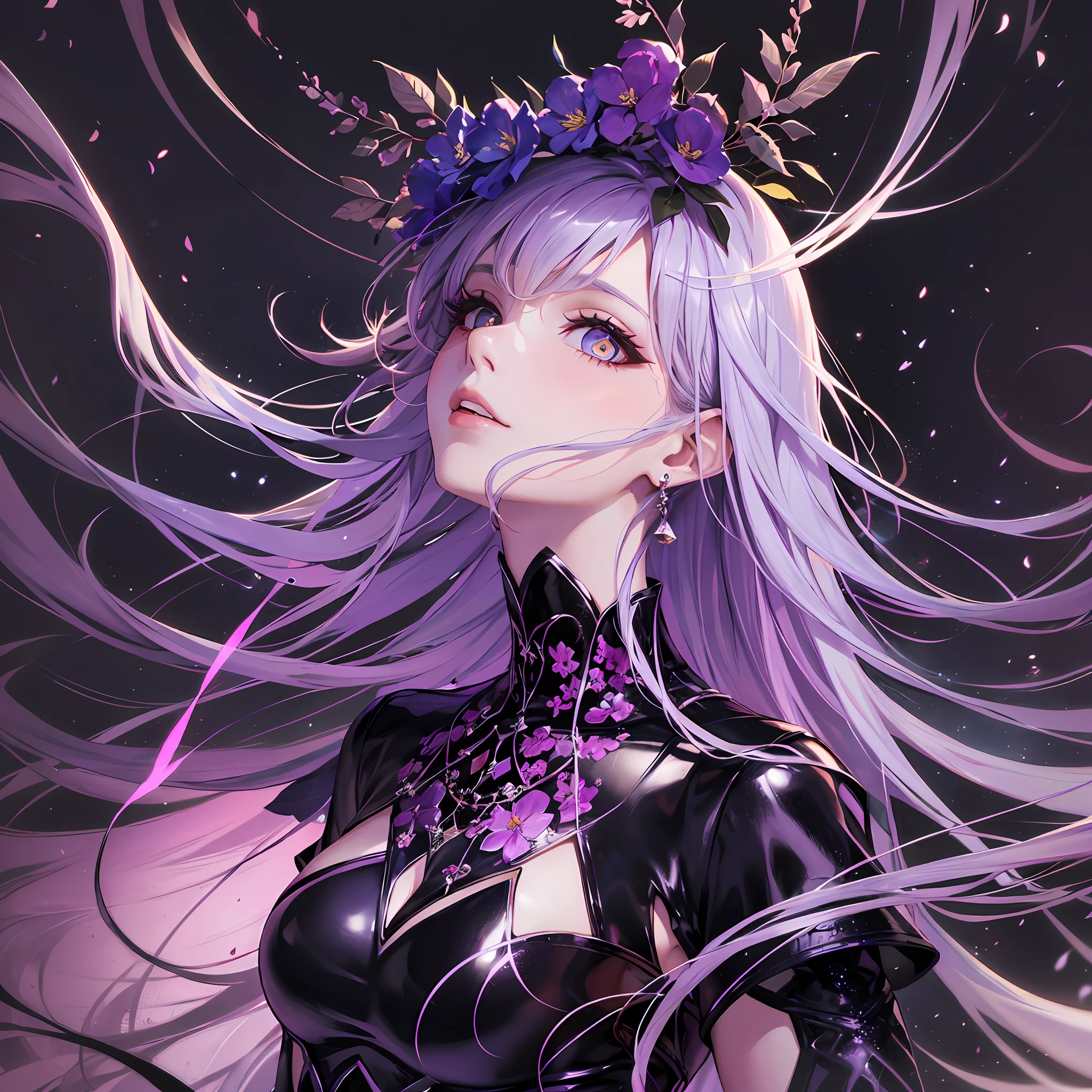 persephone, potrait de corpo inteiro de uma sedutora de cabelo violeta bonita fotorrealista, devilish, messy hair, em um jardim escuro, Inferno, sombrio, exotic black and violet vilain dress, coleira estilo gargantilha, olhos cor de sangue, Rosto detalhado, lo gothic, corpo inteiro, fantasia sombria, flores sangrentas, nublado, nevoento