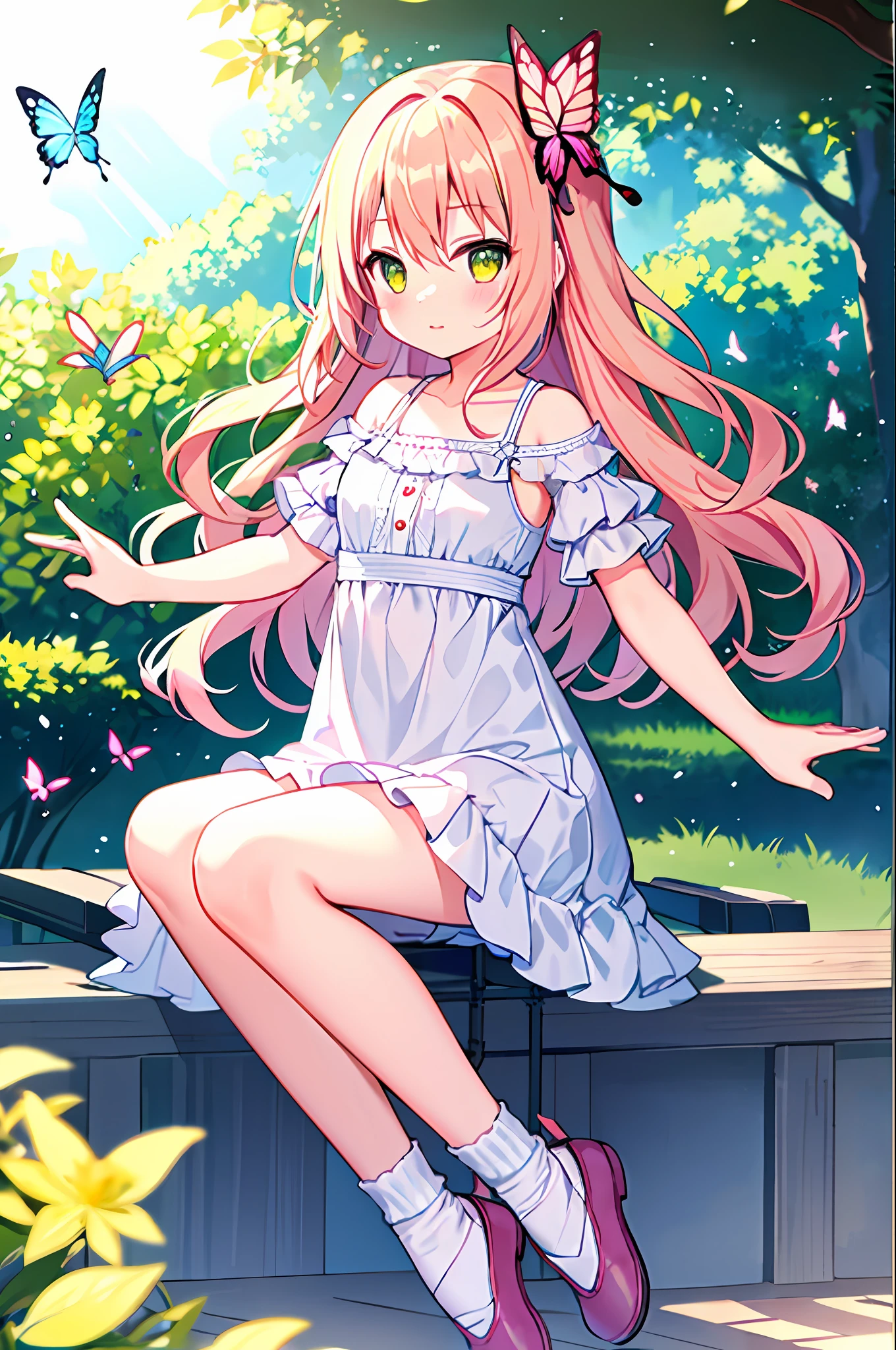 tmasterpiece,,1girl,solo,Yellow eyes:1.5|Green eyes:1.1,(A pink-haired:1.2|golden hair),Gentle hazel eyes,Flowing wavy hair,Ankle socks,staring towards the viewer,white legwear,ballet flats, Soft sun dress, full bodyesbian, Butterfly garden, Surrounded by flying butterflies, sunshines through the leaves, calm expression, springtime