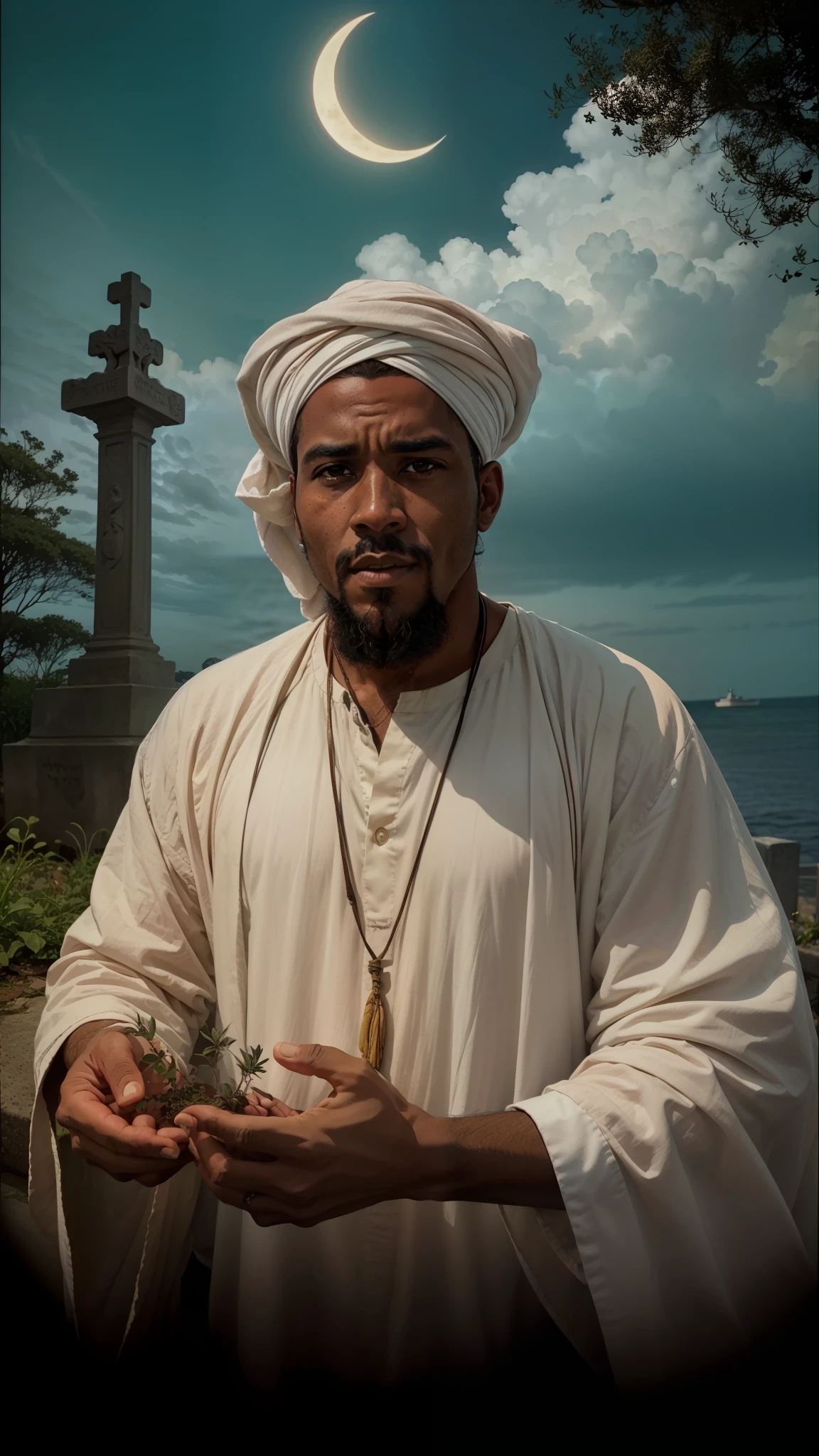 Homem negro de 60 anos e turbante branco, Old sorcerer with staff in one hand and herbs in the other hand, homem negro islamico. Fundo com cruzeiro de concreto e caveiras, sea and sky sinitro, noite escura com meia lua e estrela, sobrio. Photo of cinematic portrait character . Cinematic portrait photo of an Islamic black man in a cemetery with a large luminous cruise in the background, Retrato VFX altamente detalhado, taken with a full frame camera with a wild lens
