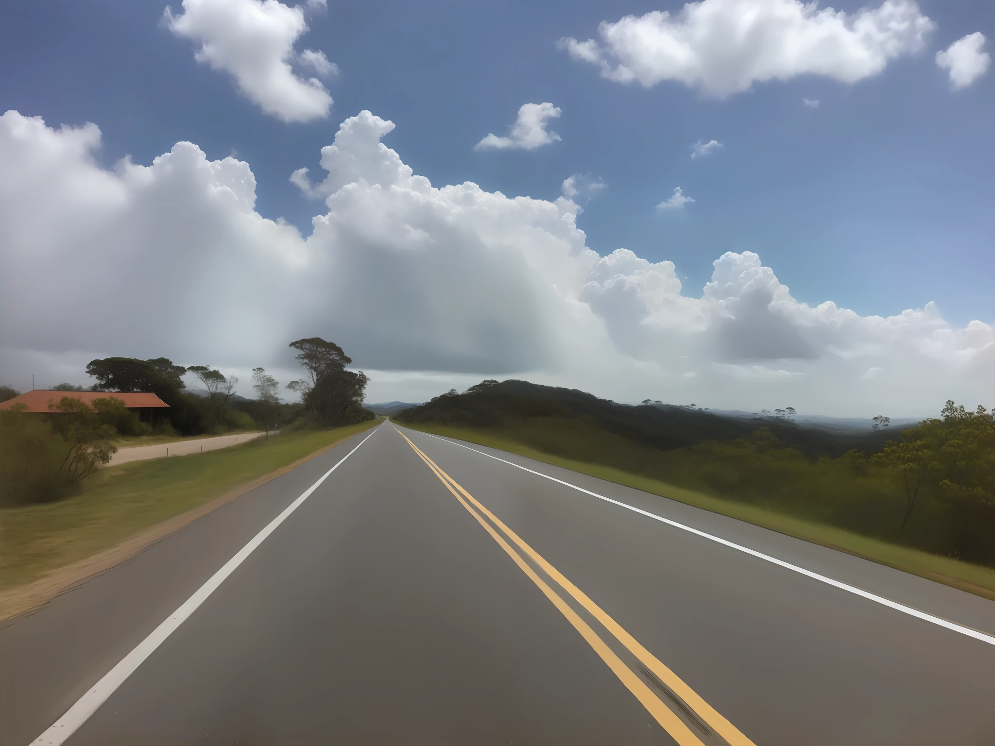 Uma obra-prima, da melhor qualidade, realista, realista, esta pintura retrata um um homem pedalando uma bicicleta no meio da estrada, Andar na estrada, Estrada para o Mar, em uma estrada, uma estrada que leva ao farol, vista para milhas, unobstructed road, estrada montanhosa, Estradas pavimentadas, From a distance, Karla Ortiz, Estradas largas, clear skies in the distance, touring, imagem profunda, Arremesso longo, ciclismo, turismo, 🚲, Toda a pintura usa um retrato bonito e realista (retrato realista kawaii estilizado), Toda a pintura mostra excelente realismo e detalhes,