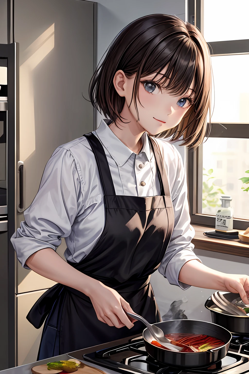 masterpiece, best quality, 1girl, (cooking),medium, gorgeous face, Japanese and Russian mix, brown hair, short hair, kitchen, casual clothes, apron,