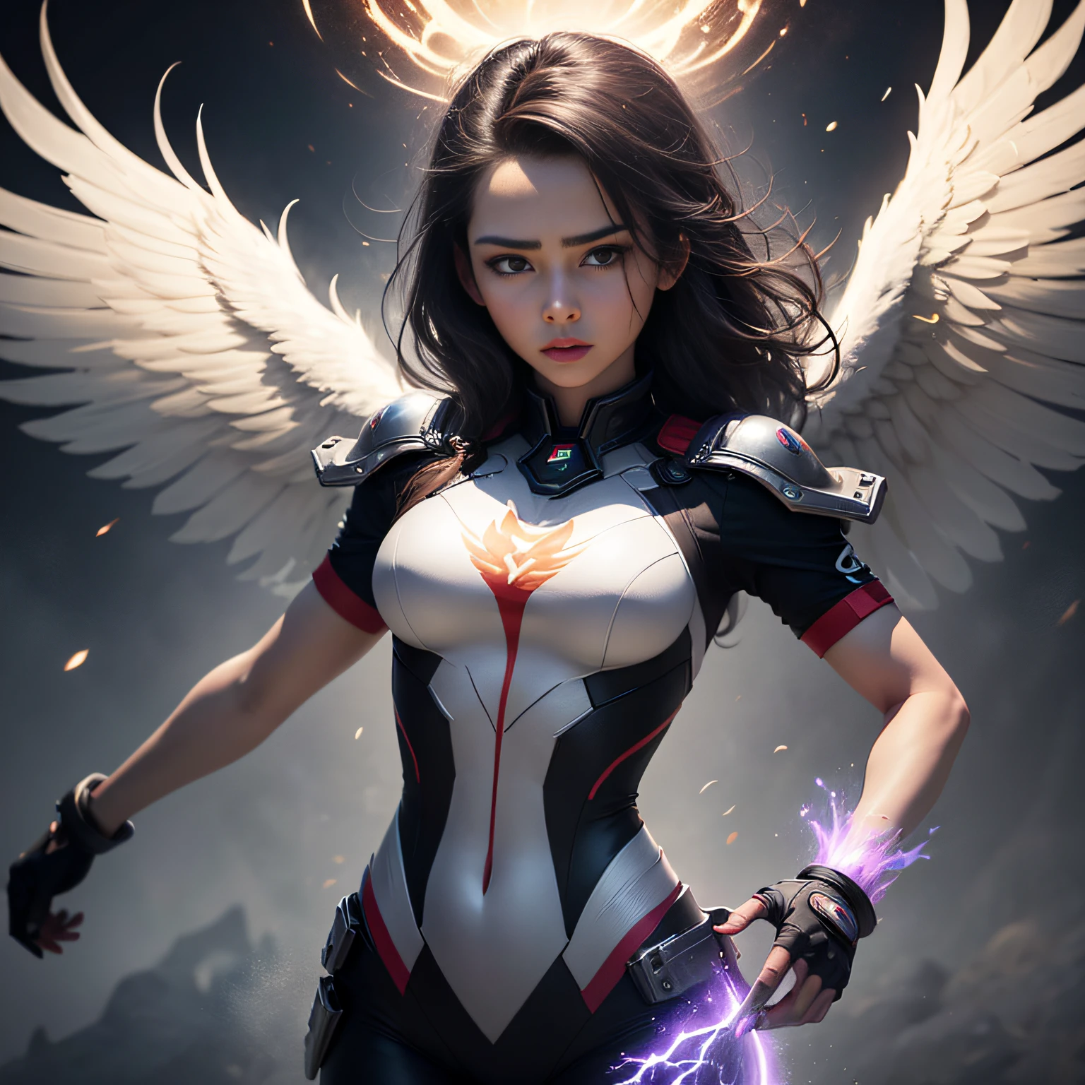 (extremamente detalhado CG unidade 8k papel de parede, master part, melhor qualidade, ultra-detalhado), (best ilumination, Melhor sombra, um extremamente delicado e bonito), beautiful phoenix spirit, forma humana, penas multicoloridas vibrantes, olhos de fogo, sobrevoando as nuvens, dynamic pose, flutuando no ar, Aura cintilante, mystical backdrop.