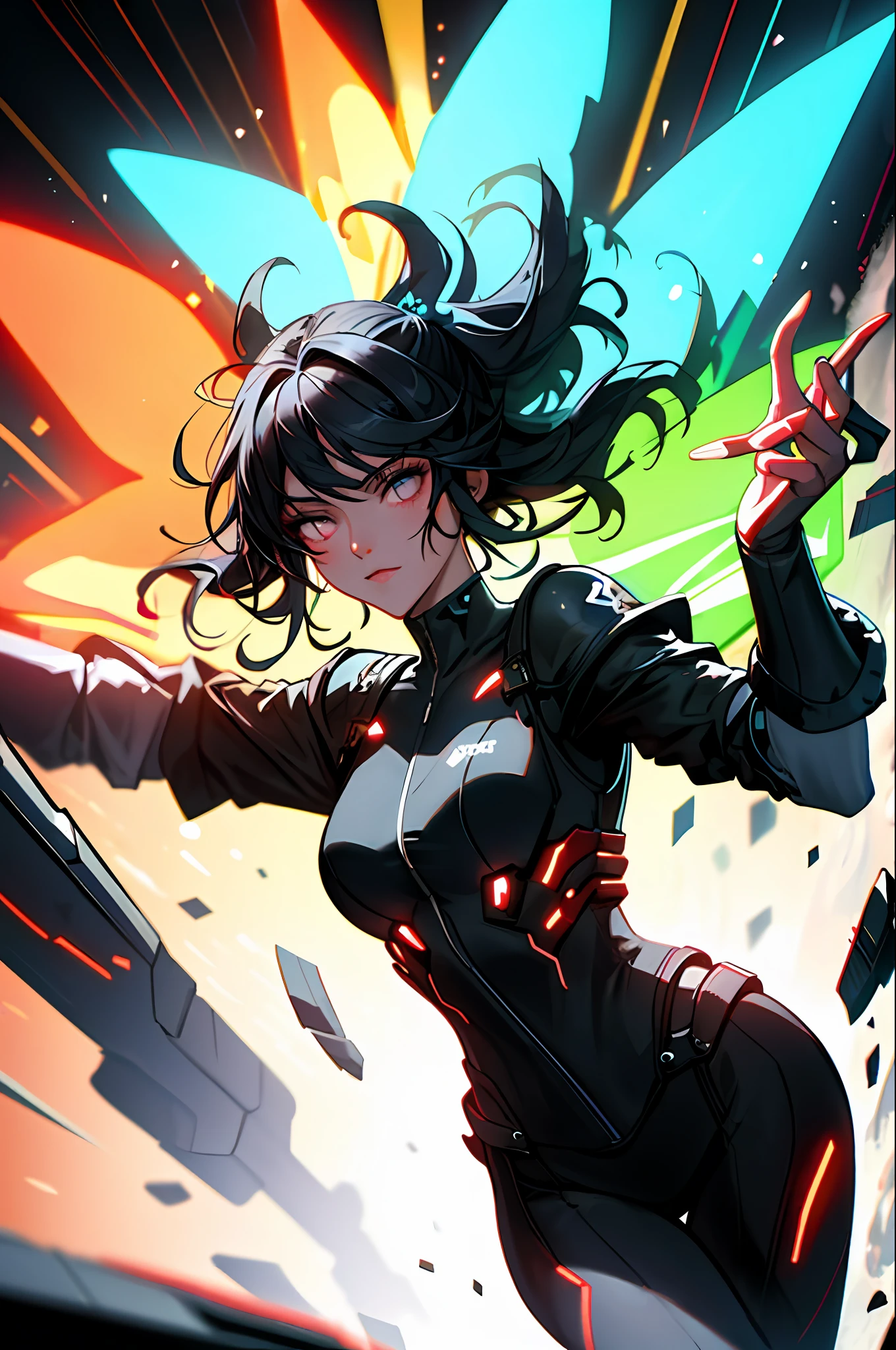 (masterpiece, best quality), 1lady, solo, masterpiece, artstation, dynamic, charming, magical, unreal engine, fantastically beautiful, illustration, dramatic lighting, rave background, neon glow, maximalist