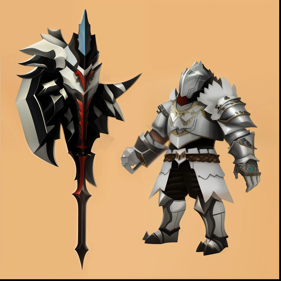 There are two different types of characters in this picture。Warrior in Monster Hunter armor，Leviathan axe in hand；Monster hunter carrying bone armor and wolf armor，Faced with intricate white armor。They are dressed in Infinity Blade armor，white plated armor，warrior platinum armor，Erebos's Titan，detailed white armor，As well as white metal armor from the Pathfinder。