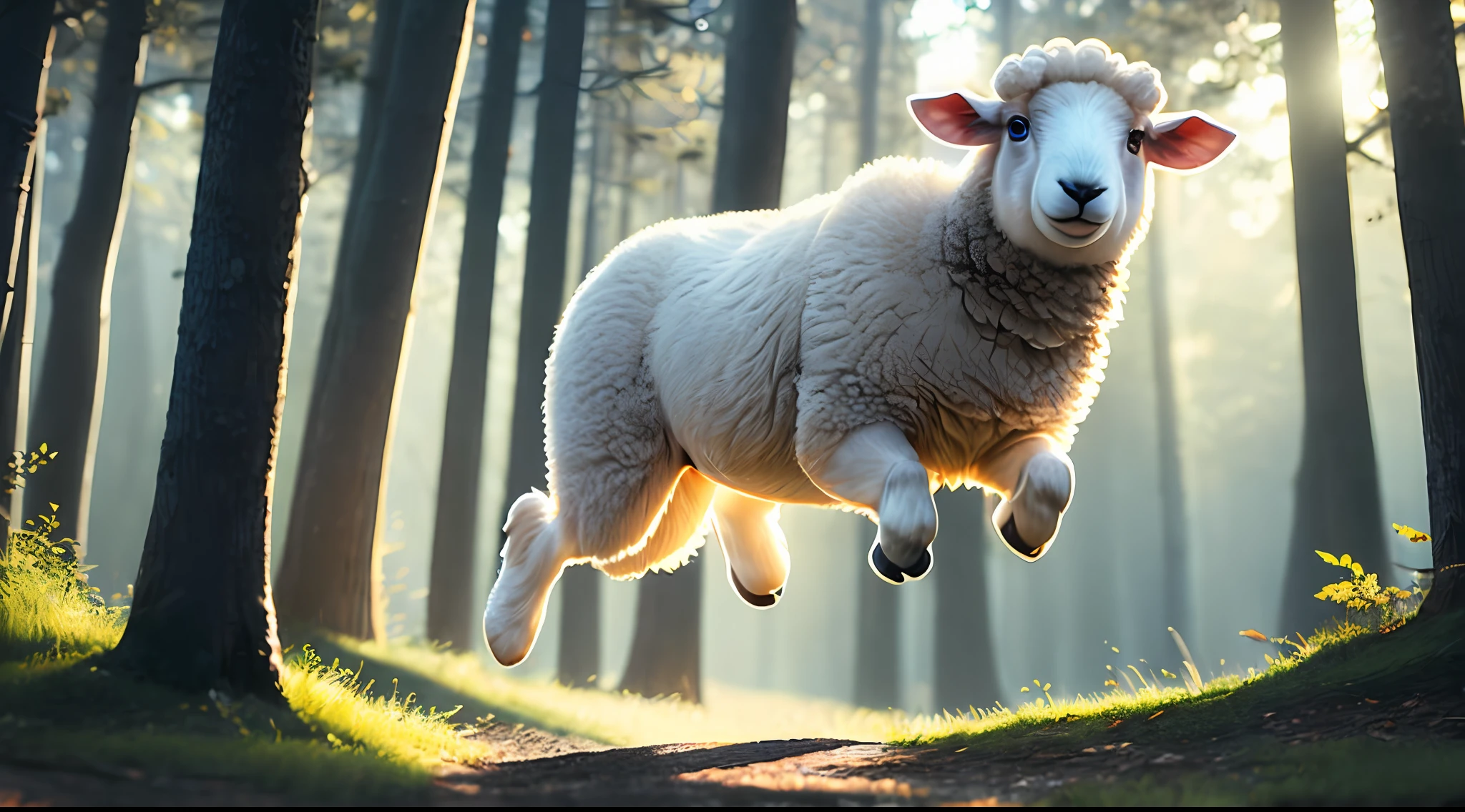 close-up shot of cute sheep jumping in the forest, soft volumetric lights (backlight: 1.3), (kinematics: 1.2), intricate details (ArtStation: 1.3), Rutkowski