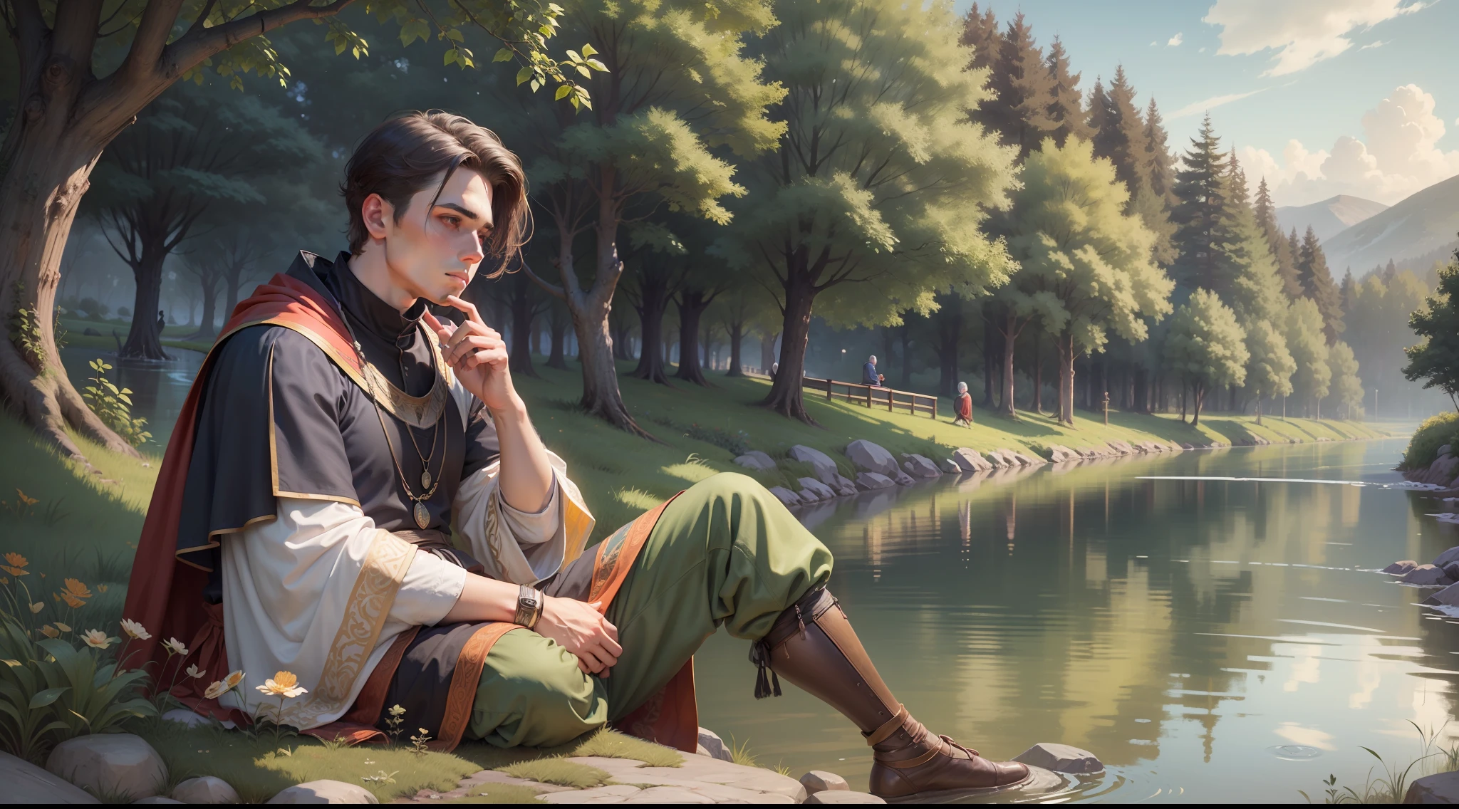 Para a terceira cena, I would like an image of a medieval young man listening intently to the story of the wise old man. Background includes a serene and peaceful river, surrounding greenery and a tranquil atmosphere.