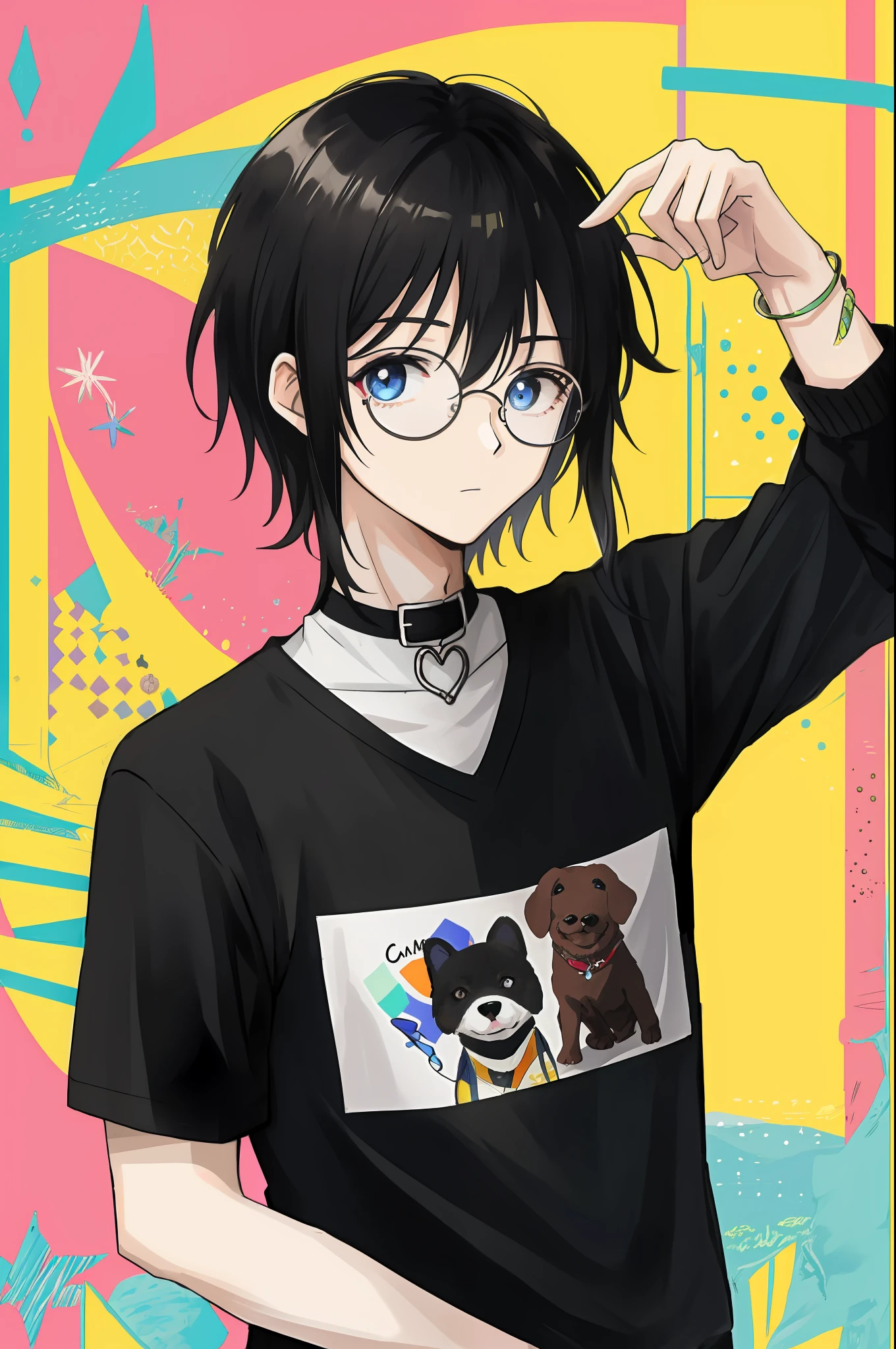 Homem adolescente de cabelos pretos com partes azui, olhos escuros, altura baixa e roupas casuais pretas(anime)homem adolescente(qualidade alta), imagem de corpo inteiro(black hair),(casual black clothes), (acessories), (circular glasses), (acessories in the neck),(camisa de cachorro)