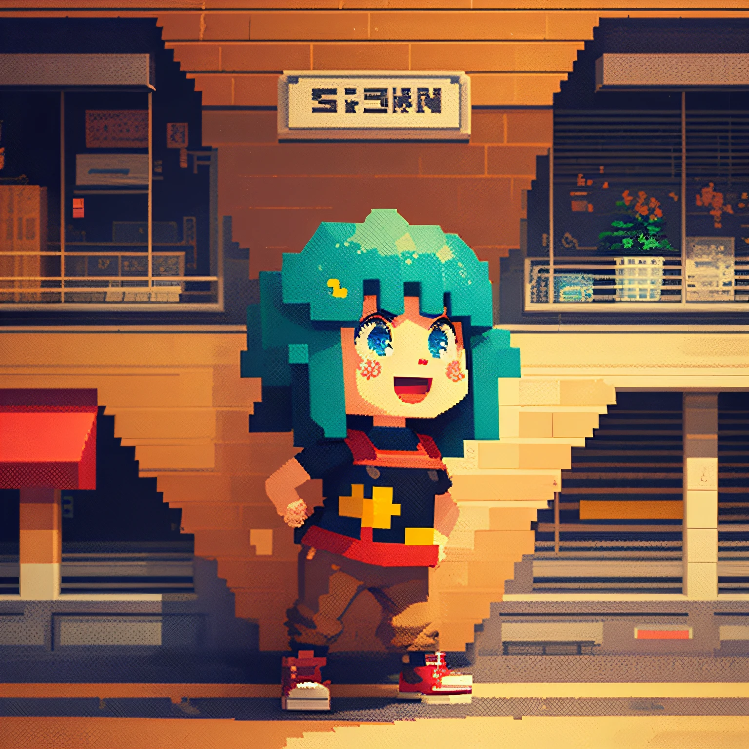 (extremely detailed, pixel-perfect), pixelartwork, best quality, best pixel art style, multi-layered, vibrant, high contrast, dynamic angle, intricate details, (1 character),(colorful+unique clothes), (facial feature:open-mouth expression+smile), pixel art eyes and hair, (pixel art foreground:pixel art plants+pixel art objects), (pixel art background:cityscape or urban scene), (pixel art filter:retro/8-bit/16-bit aesthetic)