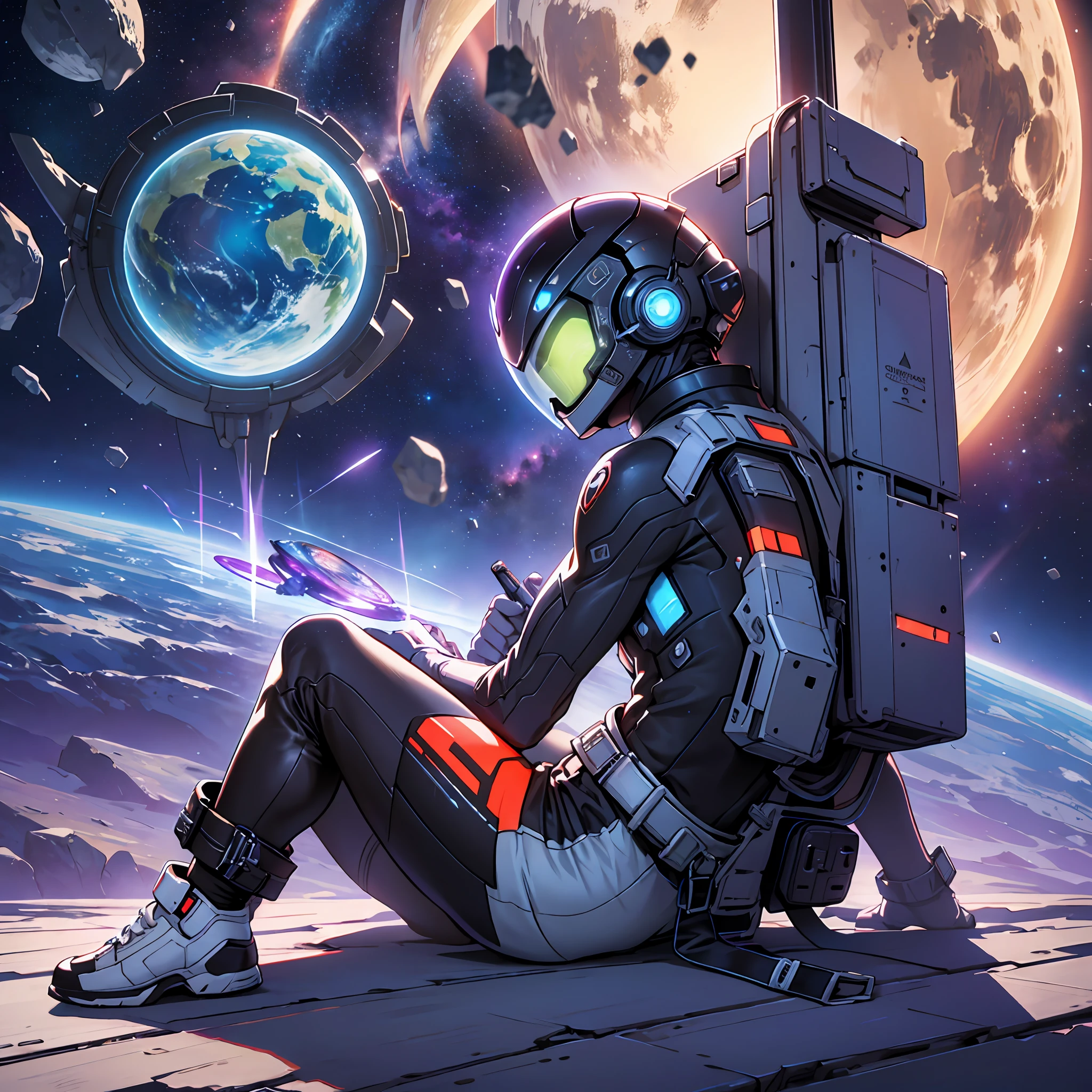 Draw a young female programmer, sitting on a research platform floating in the middle of an asteroid belt.She is studying with a notebook, surrounded by several asteroids glowing with fiery auras BREAK Dramatic lighting from distant stars and planets illuminates the scene, casting deep shadows on the suit. The young woman looks confident and determined, looking at the vast and mysterious universe with wonder and respect,BREAK,Detailed,Realistic,4k highly detailed digital art,octane render, bioluminescent, BREAK 8K resolution concept art, realism,by Mappa studios,masterpiece,best quality,official art,illustration,ligne claire,(cool_color),perfect composition,absurdres, fantasy,focused,rule of thirds --auto