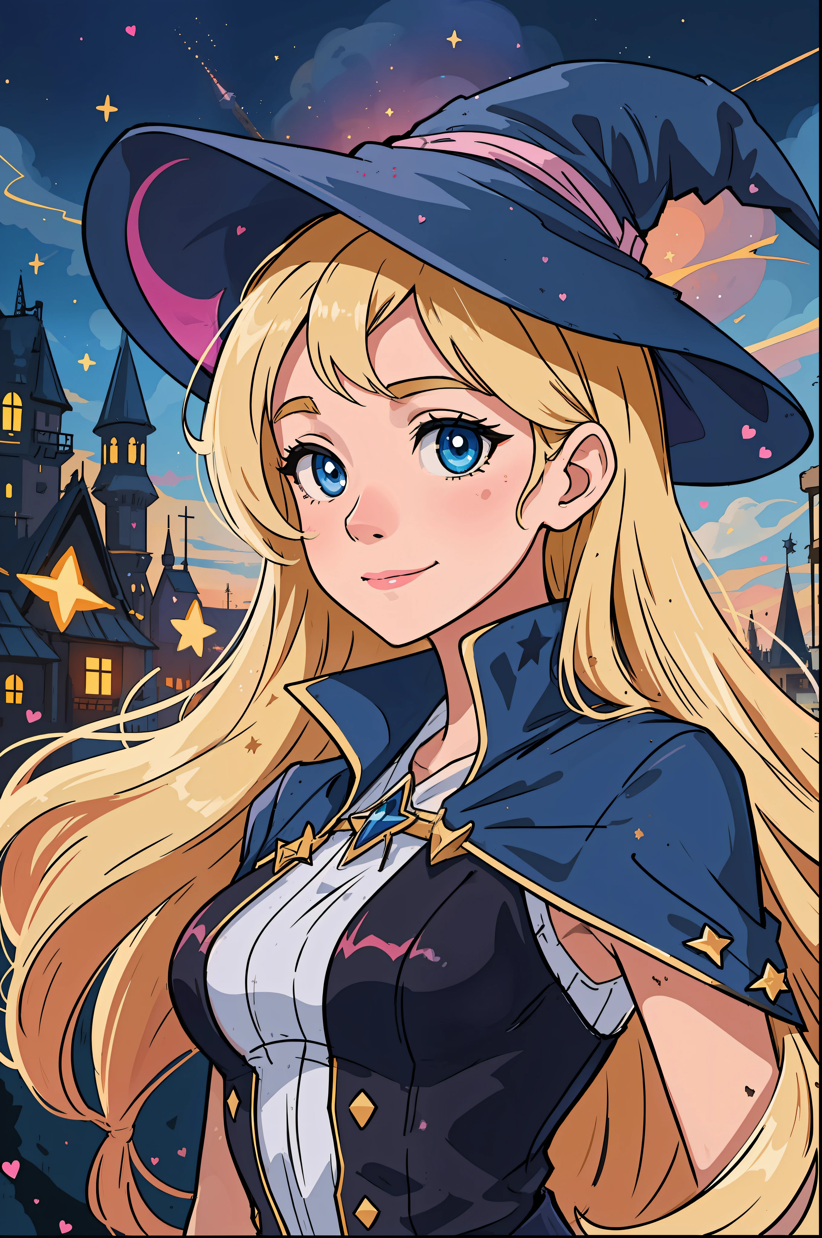 The perfect masterpiece,Highest quality,Perfect artwork,8K,Upper Body Lens,front portrait,Delicate face,Face Close-up,Watching the audience, Wizard apprentice girl,(pointy royal blue witch hat:1.3),(white star print on hat:0.8),Magical transparent eyes,(dirty blonde hair:1.2),(young:1.4),(small breasts:1.3),large eyes,happy,warm smile,slender,slim build,thin waist,(💖:1.3),Digital Art,plane illustrations,colorful illustration,minimalist style,anime cartoon style,glowing magical effects, fantasy city background