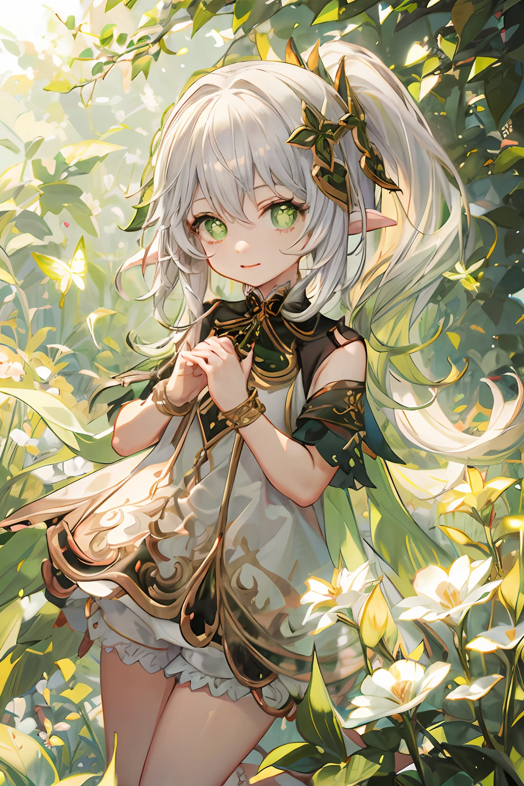 ,butterfly style,nahida \(genshin impact\), cross-shaped pupils, white hair, ponytail, white dress with green and gold embroidery, elven ears, small child, playing in a field of flowers, nice hands perfect hands, jumping in the air, in a sunny forest full of flowers and mushrooms