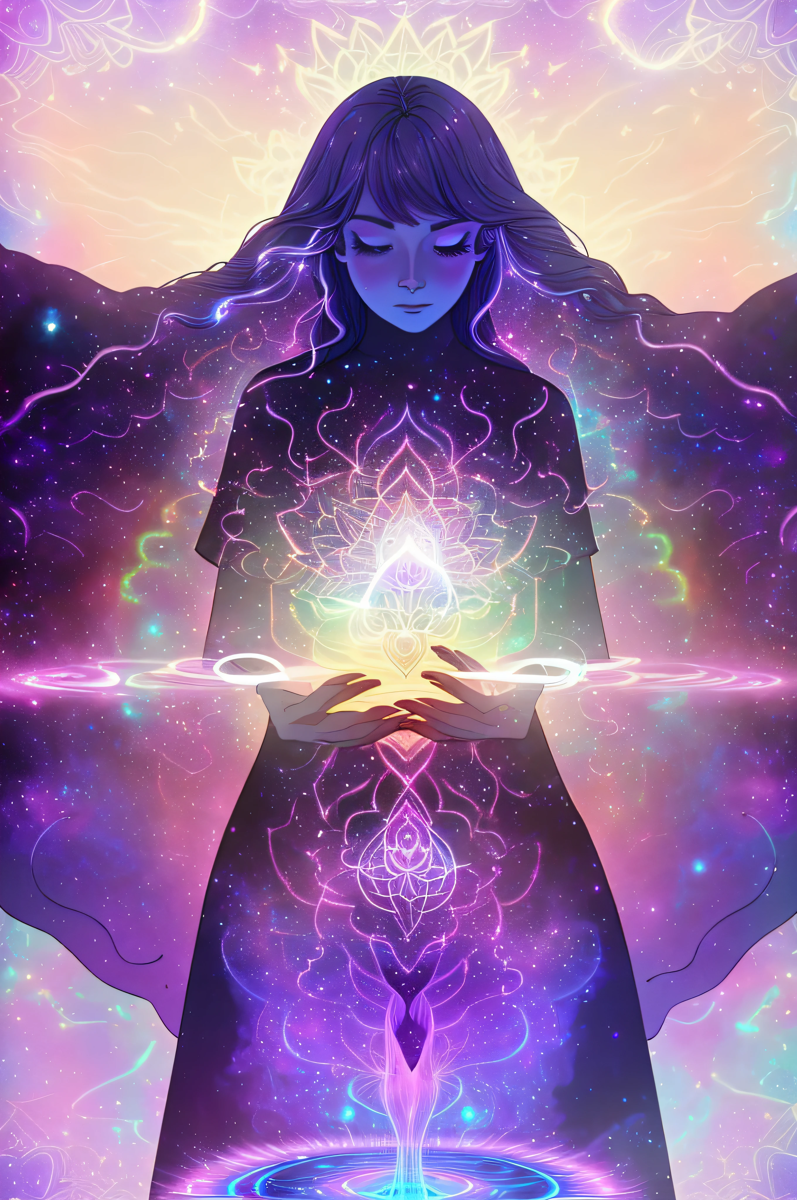 a close up of a person holding a glowing object in their hands, jen bartel, aura of power. detailed, glowing black aura, beeple and jeremiah ketner, glowing from within, elemental guardian of life, purple aura, holy fire spell art, emitting psychic powers, visionary art style, ethereal essence, ascended, astral ethereal