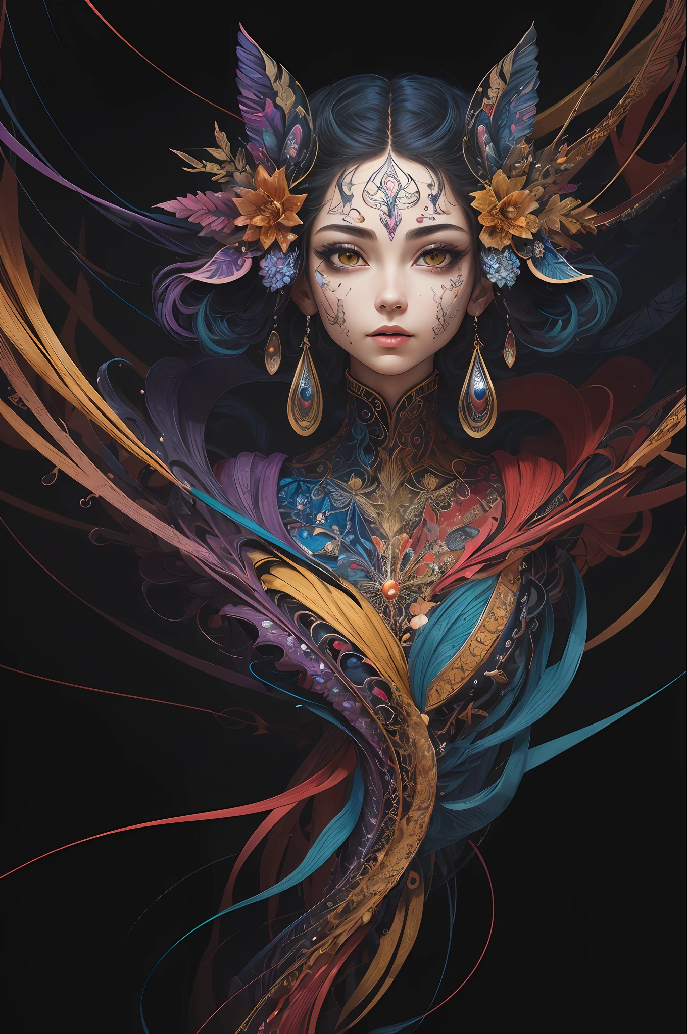 (masterpiece, top quality, best quality, official art, beautiful and aesthetic:1.2), (1girl:1.3), extremely detailed,(fractal art:1.2),colorful,highest detailed,(zentangle:1.2), (dynamic pose), (abstract background:1.5), (treditional dress:1.2), (shiny skin), (many colors:1.4), upper body, masterpiece, best quality,high quality,highres, 16K,RAW,ultra highres,ultra details,finely detail,an extremely delicate and beautiful,extremely detailed,real shadow, anime,highly detailed painted,award winning glamour paintting,wonderful paintting,art style,stylized,