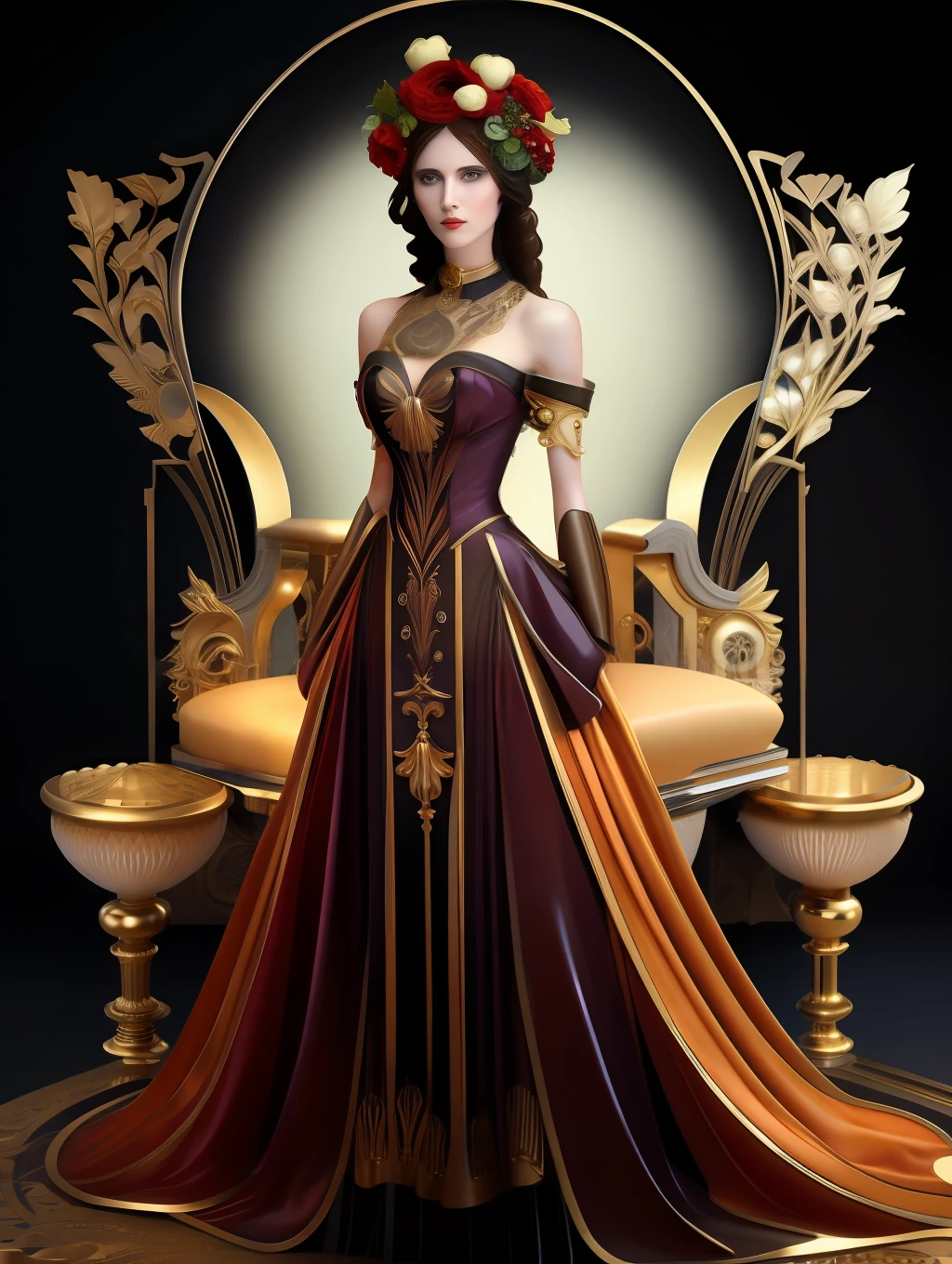 (masterpiece) little fusion pojatti realistic steampunk, fractal isometrics details bioluminescens : a stunning realistic photograph greek character insanely beautiful woman with extra big rose flowers tiara of wet bone structure, 3d render, octane render, intricately detailed, gold decorative headdress, golden rich jewelry, cinematic, trending on artstation | Isometric | Centered hipereallistic cover photo awesome full color, , hand drawn, dark, gritty, realistic mucha, klimt, erte .12k, intricate. hight definition , cinematic,Rough sketch, mix of bold dark lines and loose lines, bold lines, on paper , full body with silky dress, humanoid, Full body