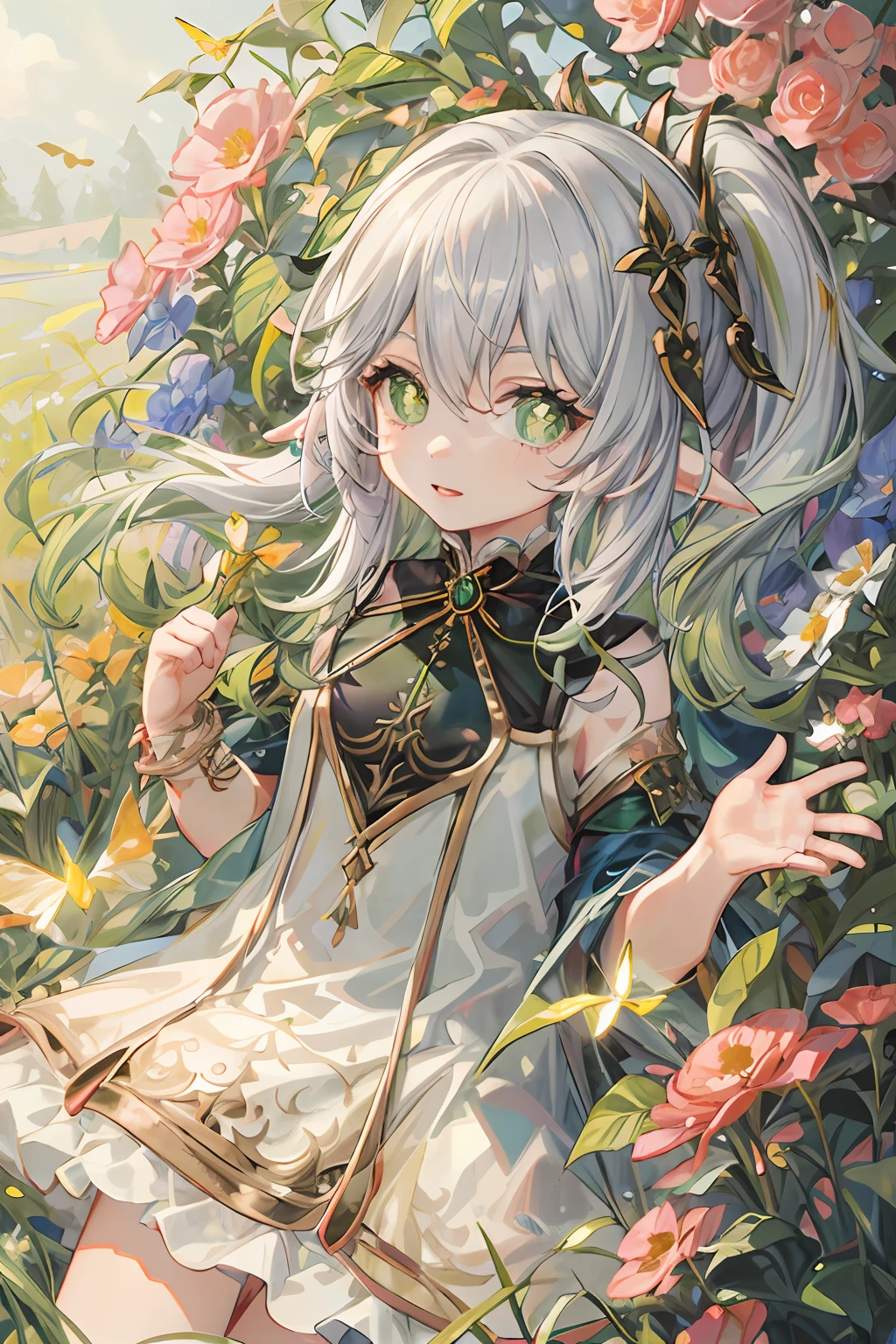 ,butterfly style,nahida \(genshin impact\), cross-shaped pupils, white hair, ponytail, white dress with green and gold embroidery, elven ears, small child, playing in a field of flowers, nice hands perfect hands, jumping in the air, in a sunny forest full of flowers and mushrooms