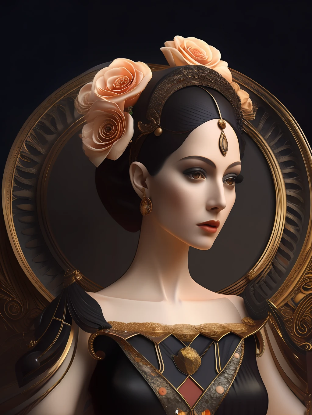 (masterpiece) little fusion pojatti realistic  steampunk, fractal isometrics details bioluminescens : a stunning realistic photograph  greek character insanely beautiful woman with  big rose flowers tiara of wet bone structure, 3d render, octane render, intricately detailed, gold decorative headdress, cinematic, trending on artstation | Isometric | Centered hipereallistic cover  photo awesome full color, ,  hand drawn, dark, gritty, realistic  mucha, klimt, erte .12k,  intricate. hight definition , cinematic,Rough sketch, mix of bold dark lines and loose lines, bold lines, on paper , full body with silky dress, humanoid, Full body
