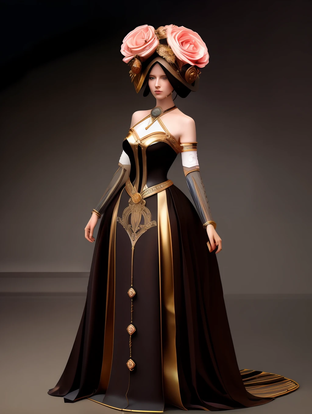 (masterpiece) little fusion pojatti realistic steampunk, fractal isometrics details bioluminescens : a stunning realistic photograph greek character insanely beautiful woman with extra big rose flowers tiara of wet bone structure, 3d render, octane render, intricately detailed, gold decorative headdress, golden rich jewelry, cinematic, trending on artstation | Isometric | Centered hipereallistic cover photo awesome full color, , hand drawn, dark, gritty, realistic mucha, klimt, erte .12k, intricate. hight definition , cinematic,Rough sketch, mix of bold dark lines and loose lines, bold lines, on paper , full body with silky dress, humanoid, Full body