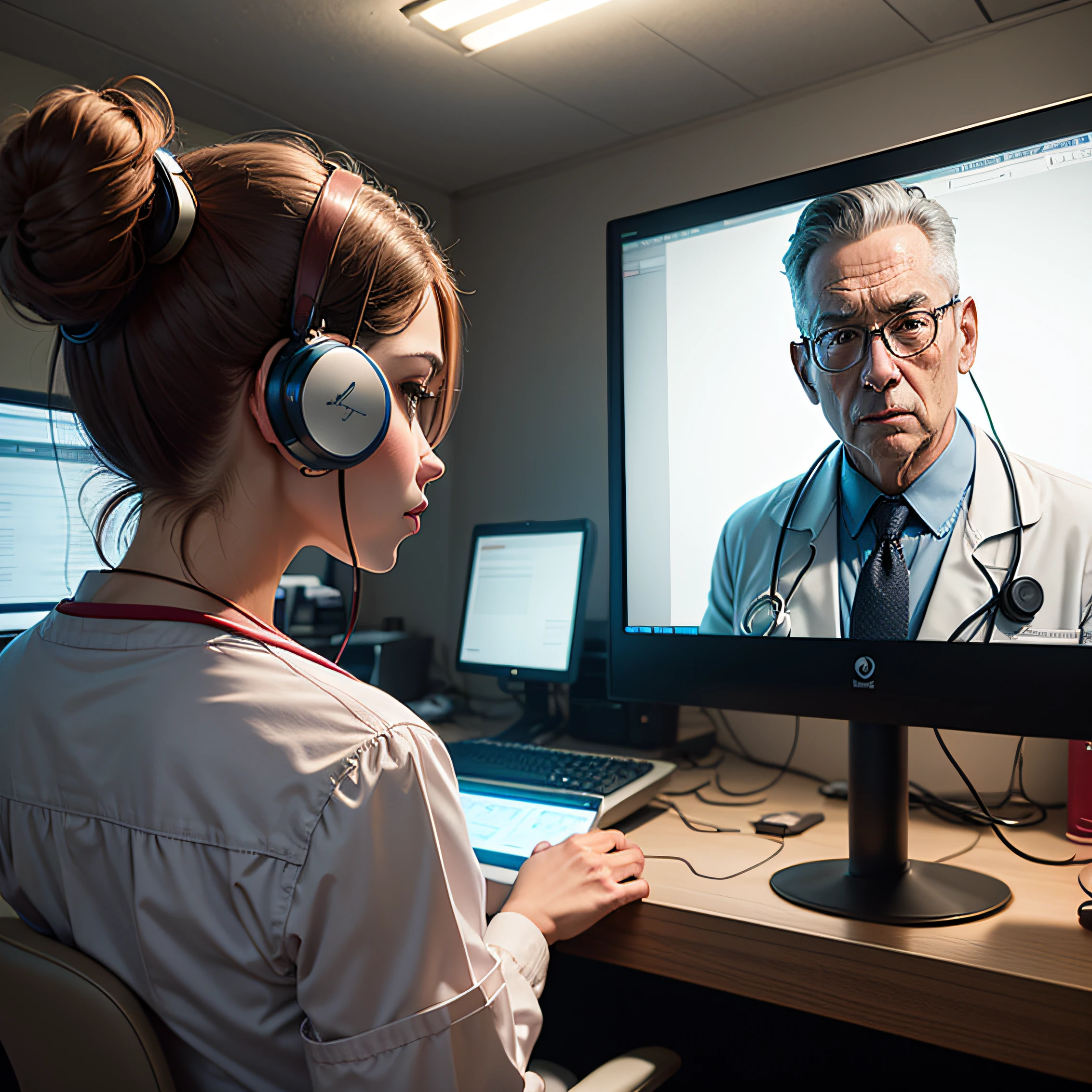 Realistic patients with their backs to the photograph watching realistic doctor with headphone on realistic computer screen. Everyone is inside a doctor's office.