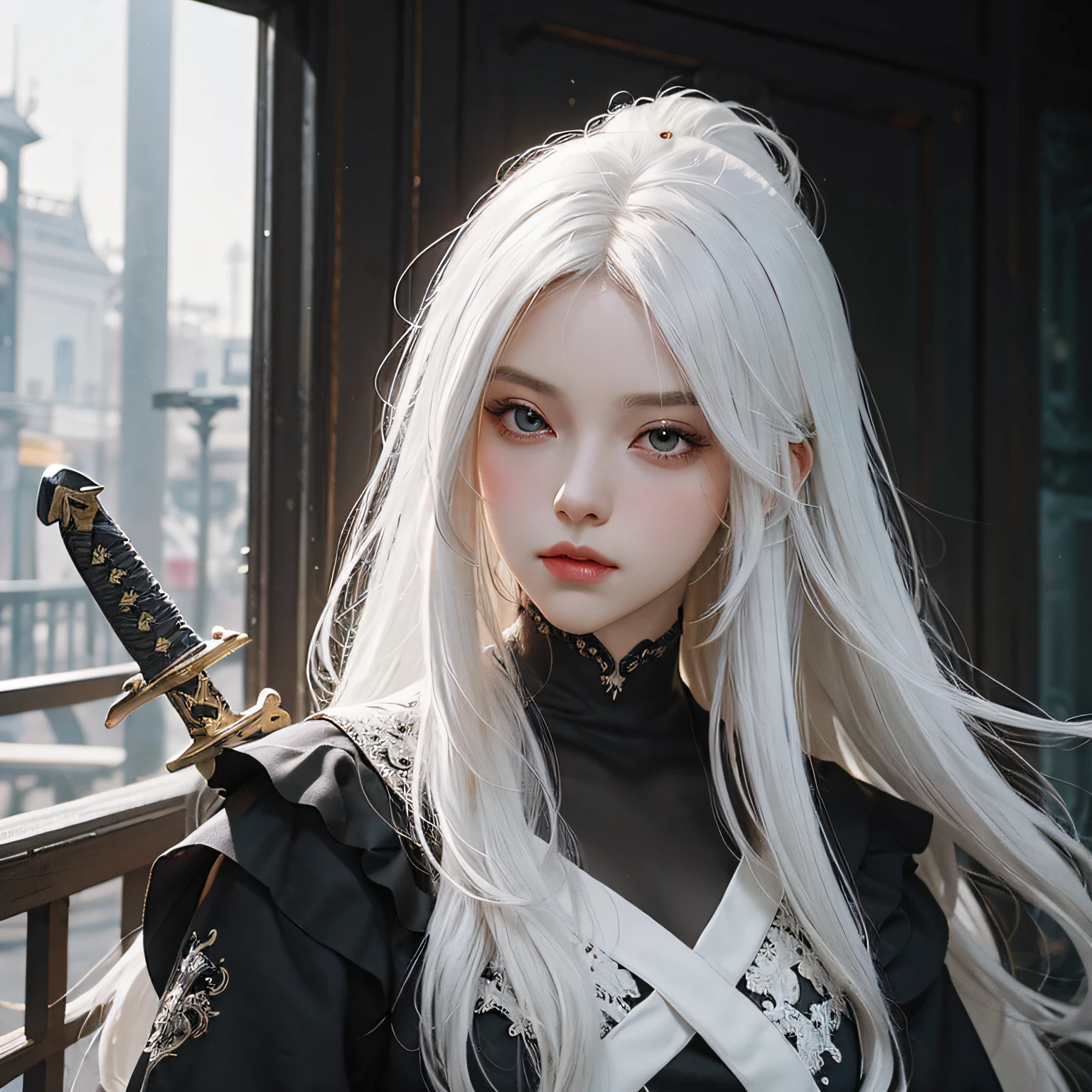 a close up of a person with white hair and a sword, white haired deity, with white long hair, with long white hair, artwork in the style of guweiz, white haired, guweiz, handsome guy in demon slayer art, beautiful character painting, by Yang J, white-haired, guweiz on pixiv artstation, anime character --auto
