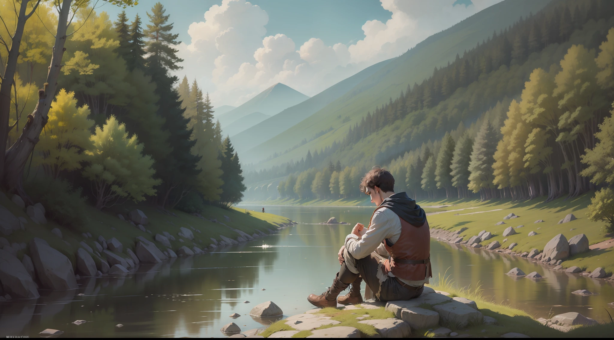First scene: medieval young man sitting despondently on a rock by the riverbank, wearing tattered clothes, looking towards the horizon with a melancholic expression. Background includes a serene and peaceful river, surrounding greenery and a tranquil atmosphere.
