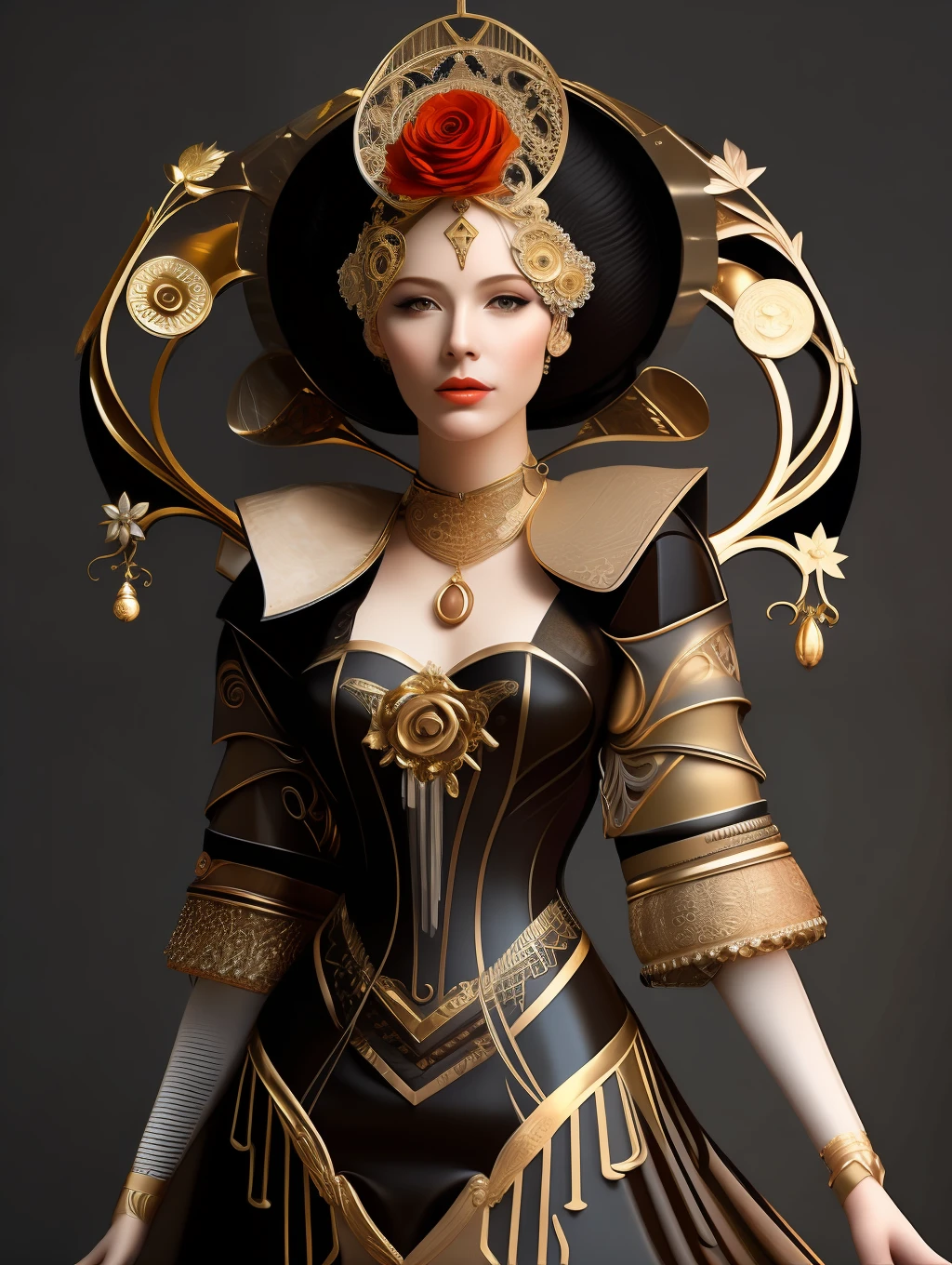 (masterpiece) little fusion pojatti realistic  steampunk, fractal isometrics details bioluminescens : a stunning realistic photograph  greek character insanely beautiful woman with  extra big rose flowers tiara of wet bone structure, 3d render, octane render, intricately detailed, gold decorative headdress, golden rich jewelry, cinematic, trending on artstation | Isometric | Centered hipereallistic cover  photo awesome full color, ,  hand drawn, dark, gritty, realistic  mucha, klimt, erte .12k,  intricate. hight definition , cinematic,Rough sketch, mix of bold dark lines and loose lines, bold lines, on paper , full body with silky dress, humanoid, Full body