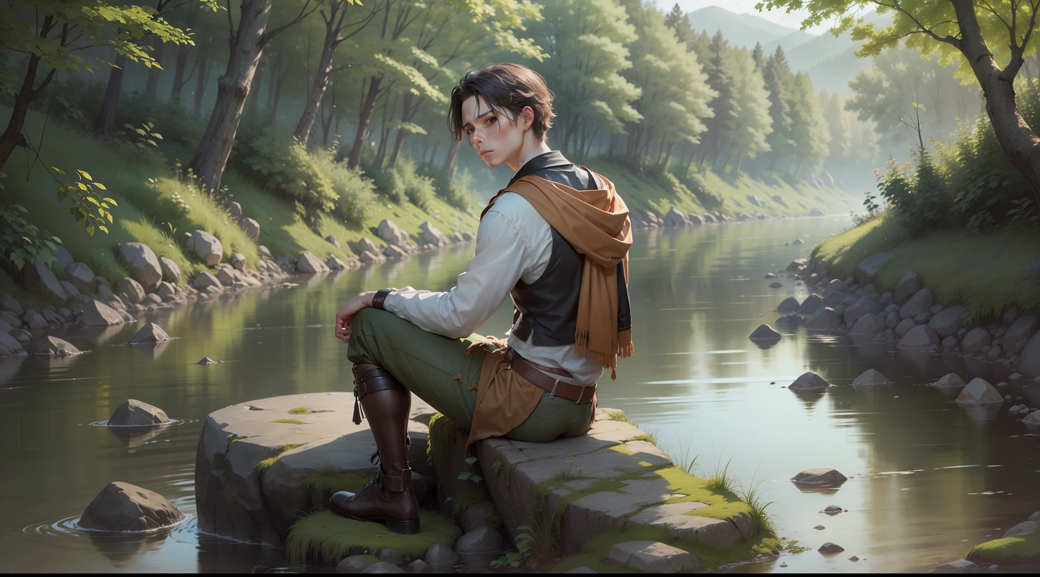 First scene: medieval young man sitting despondently on a rock by the riverbank, wearing tattered clothes, looking towards the horizon with a melancholic expression. Background includes a serene and peaceful river, surrounding greenery and a tranquil atmosphere.