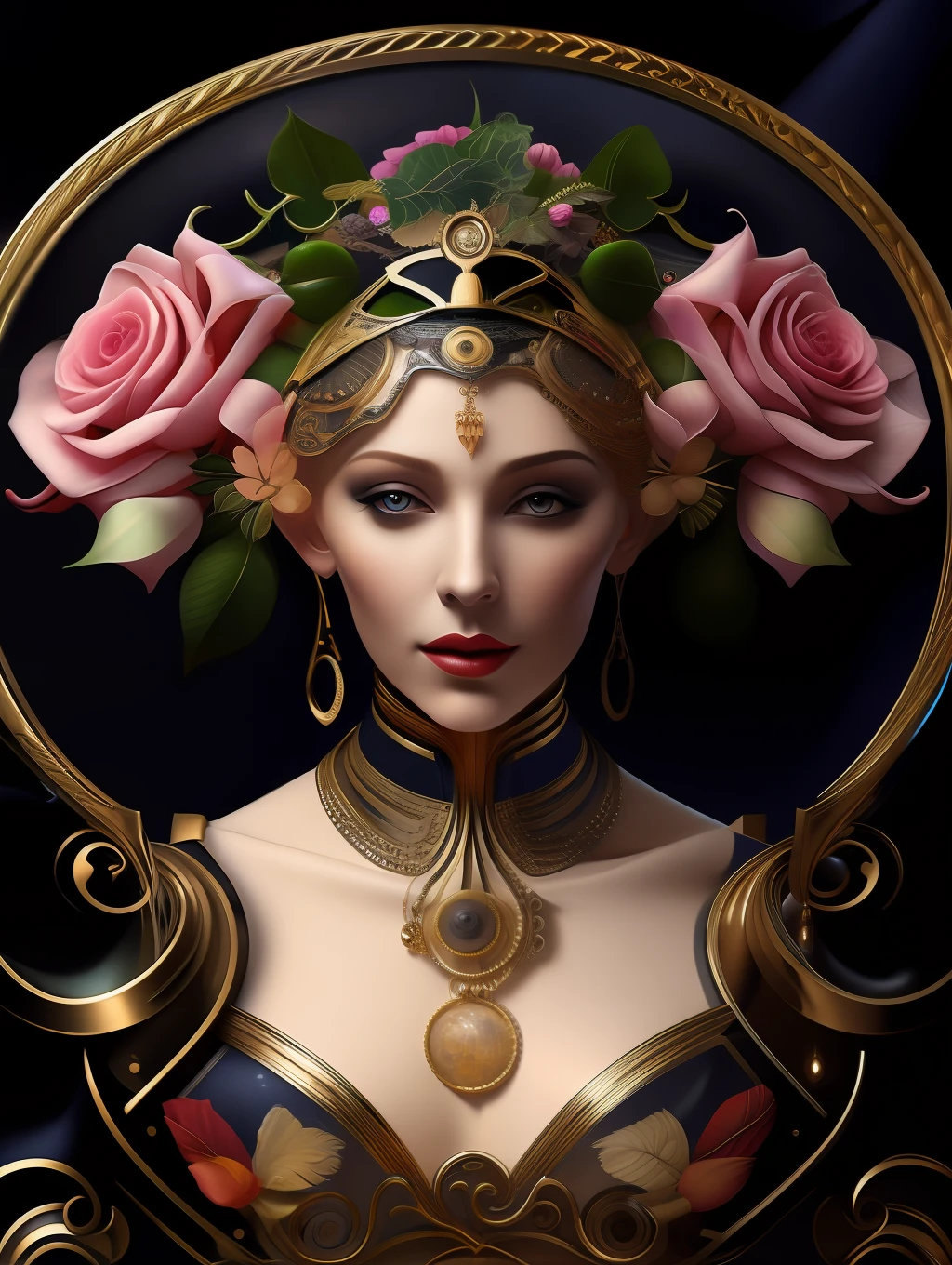 (masterpiece) little fusion pojatti realistic  steampunk, fractal isometrics details bioluminescens : a stunning realistic photograph  greek character insanely beautiful woman with  big rose flowers tiara of wet bone structure, 3d render, octane render, intricately detailed, gold decorative headdress, cinematic, trending on artstation | Isometric | Centered hipereallistic cover  photo awesome full color, ,  hand drawn, dark, gritty, realistic  mucha, klimt, erte .12k,  intricate. hight definition , cinematic,Rough sketch, mix of bold dark lines and loose lines, bold lines, on paper , full body with silky dress, humanoid, Full body