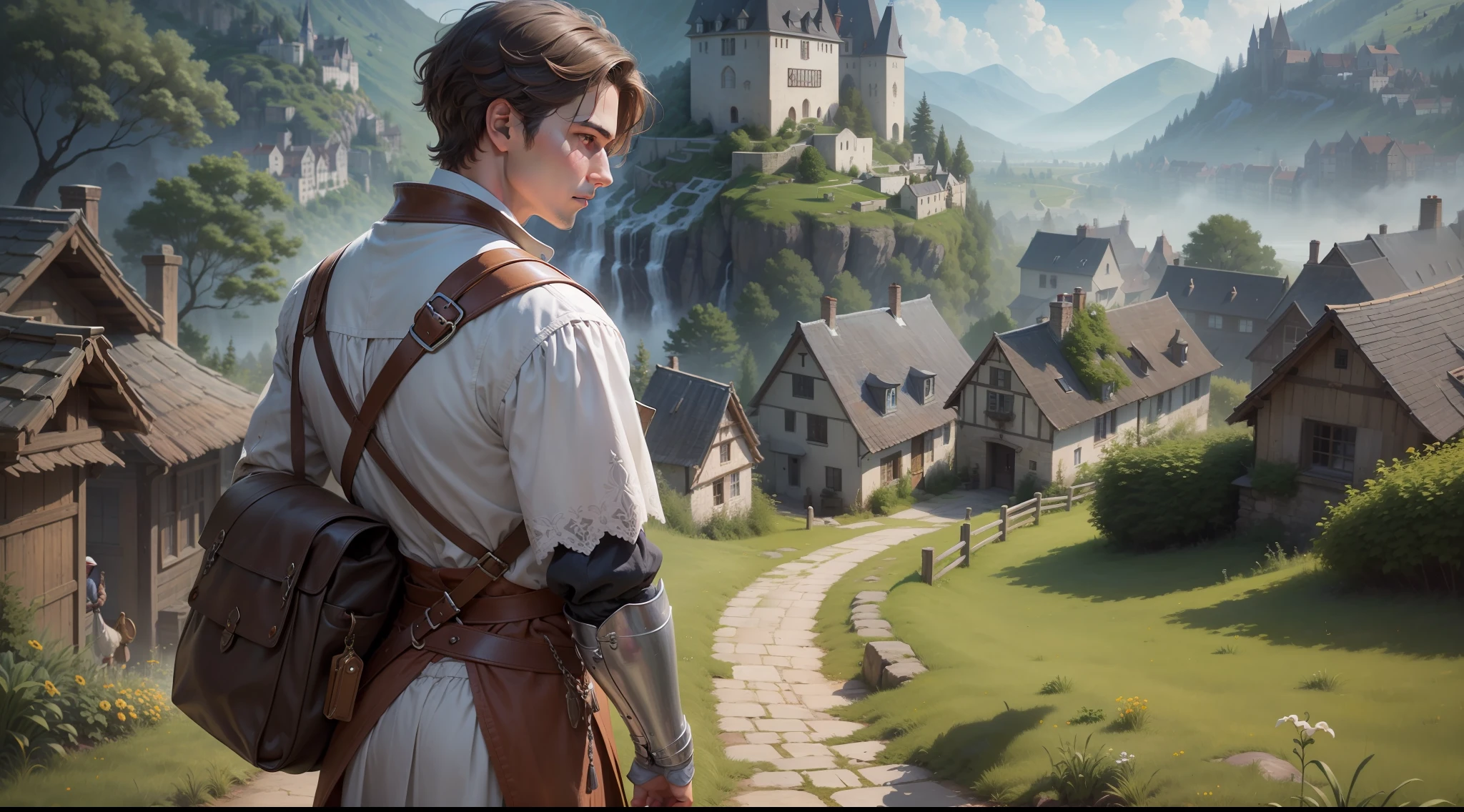 For the fourth scene, I would like an image of a young medieval man eagerly heading towards the village with a fresh perspective and a sense of purpose.