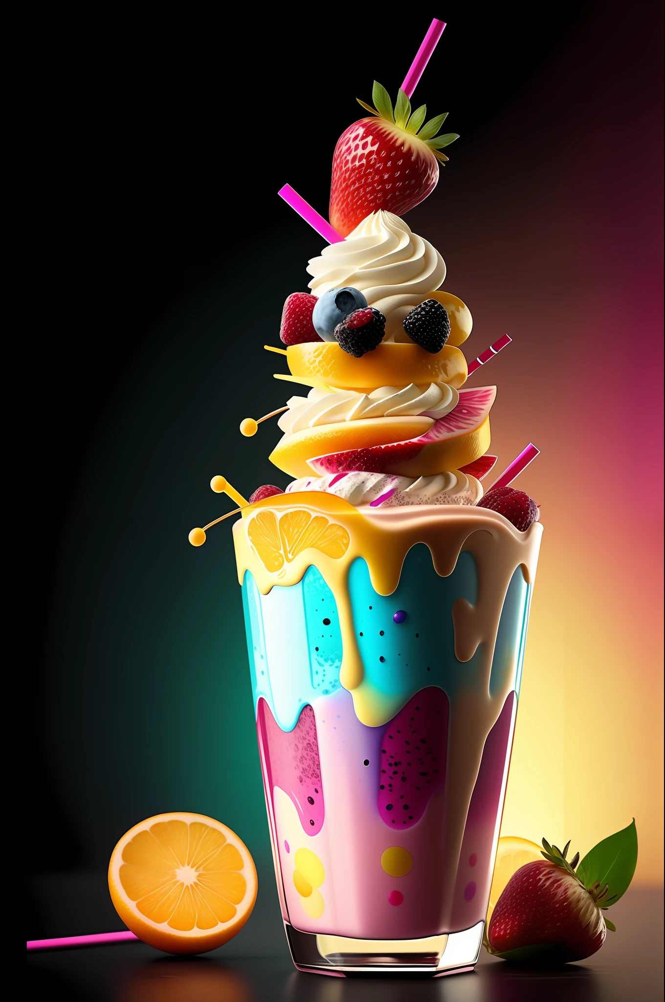 mixed fruit milkshake  hyper realistic, dramatic lighting