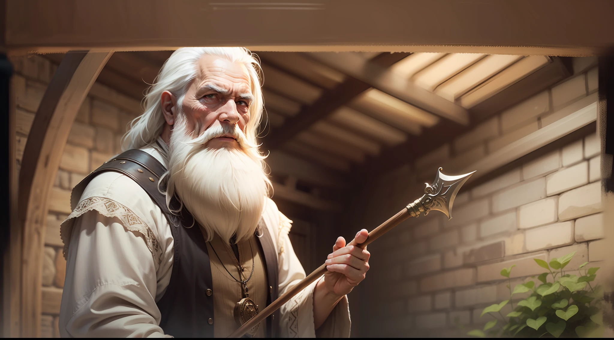 For the second scene, please provide an image of an elderly wise man from the medieval era, with a white beard, wearing a linen tunic, and holding a staff.