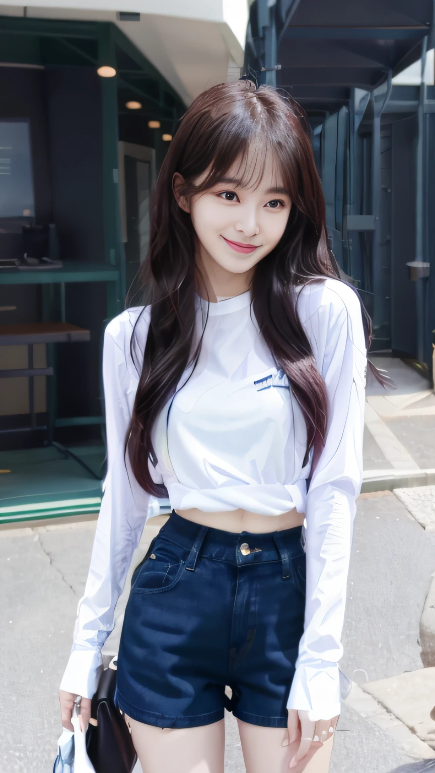 laughing face、White shirt、Denim shorts、during daytime