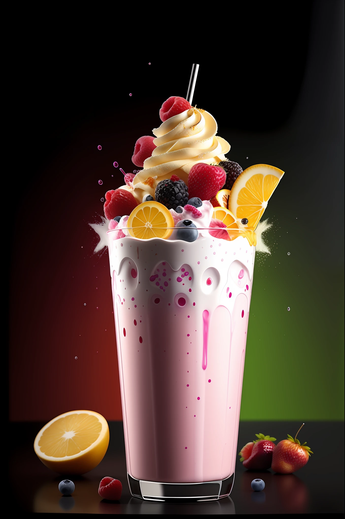 mixed fruit milkshake  hyper realistic, dramatic lighting