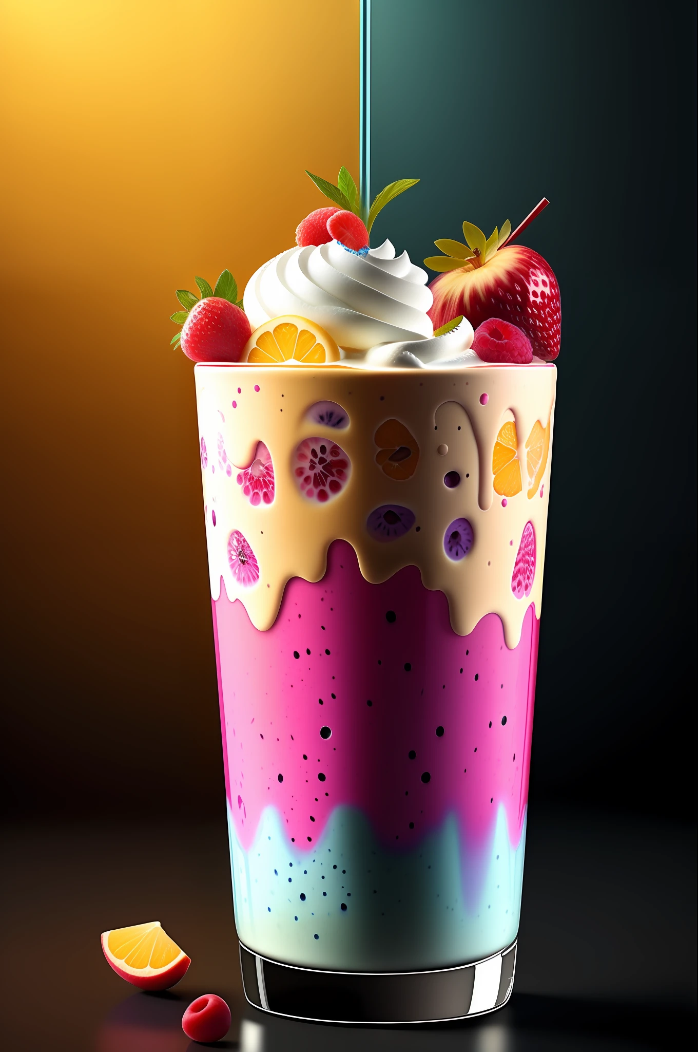 mixed fruit milkshake  hyper realistic, dramatic lighting
