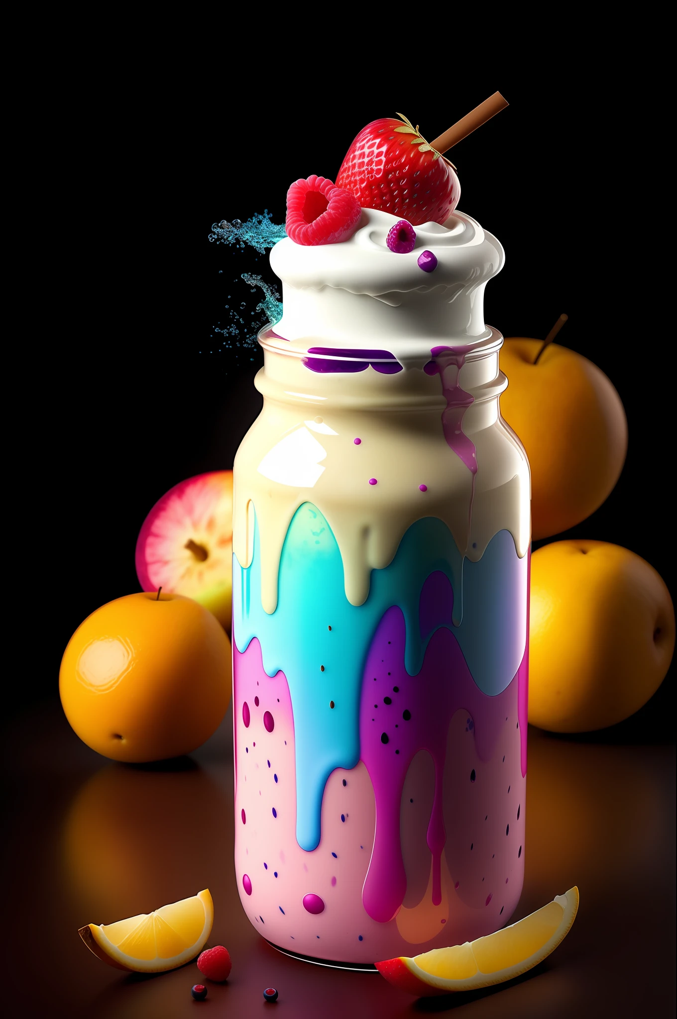 mixed fruit milkshake  hyper realistic, dramatic lighting